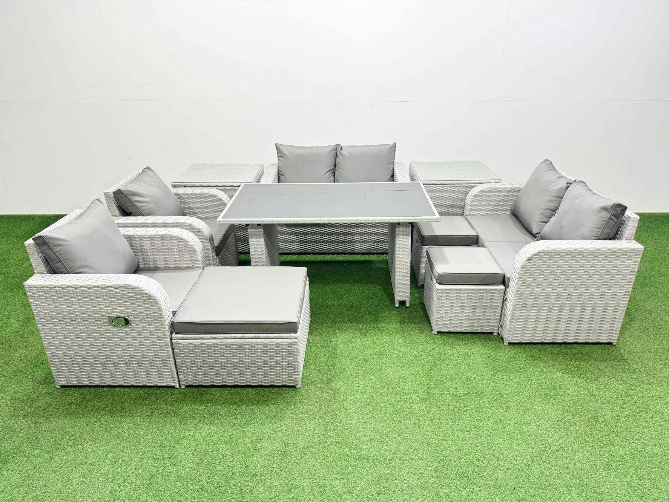 Fimous Light/Grey 10 Pieces Outdoor Pe Rattan Sofa Reclining Chair Set Patio Garden Furniture Sets With Cushions 2 Side Tables 3 Stools