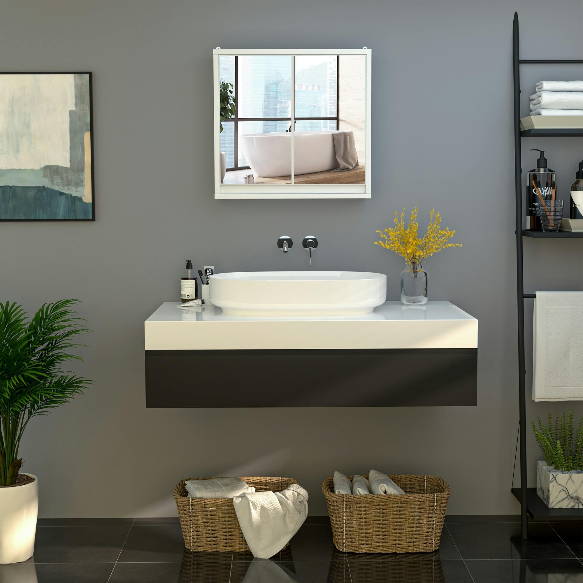 Rackhams Grey Wall Mounted Mirror Cabinet With Storage Shelf Bathroom Cupboard