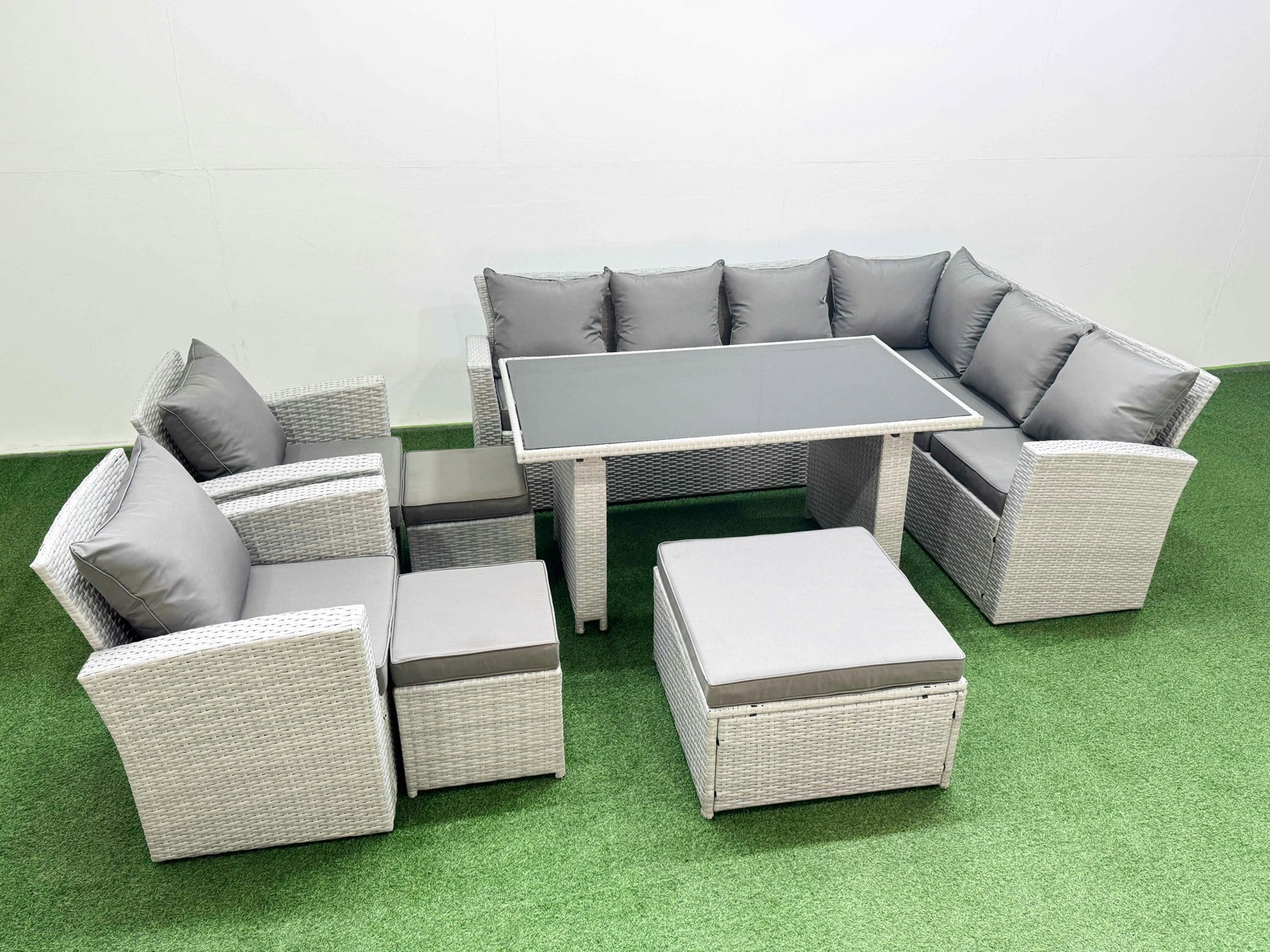 Rackhams Light/Grey Outdoor Garden Furniture Sets 11 Seater Wicker Rattan Corner Sofa Sets With Rectangular Dining Table Lounge Sofa 3 Footstools