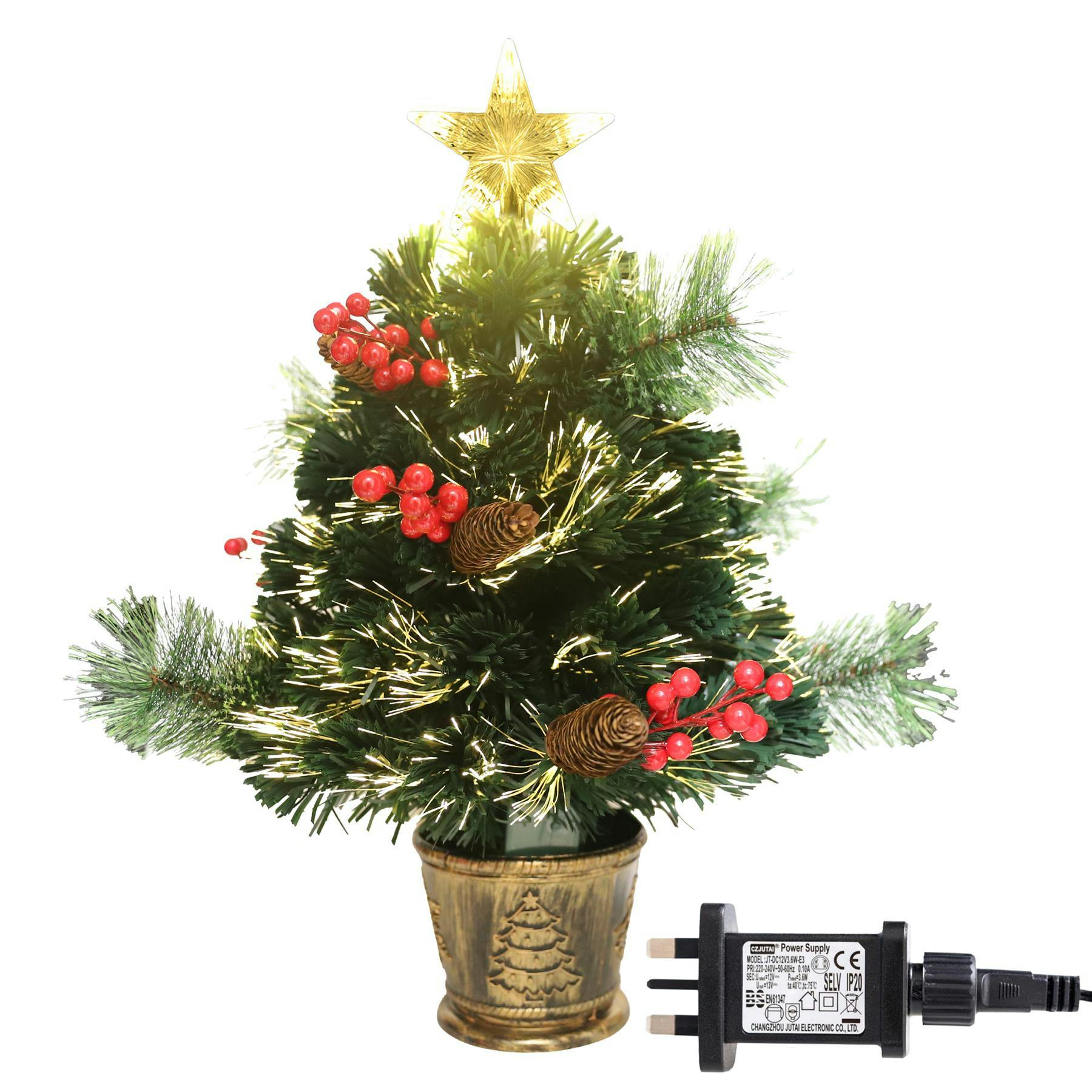 Shatchi Green 2Ft To 6Ft Fibre Optic Christmas Tree With Star Topper, Pre-Lit Artificial Display - 4Ft - Metal