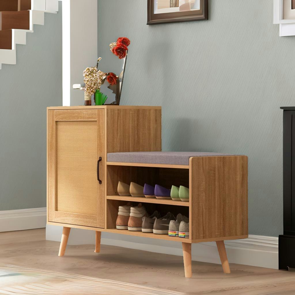 Rafaelo Mobilia Brown Wooden Shoe Storage Bench With Cushioned Seat And Cabinet