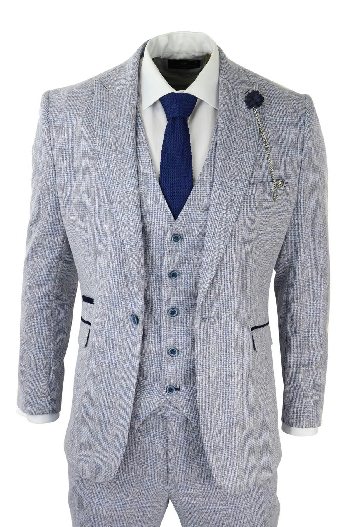 House Of Cavani Men's Light/Blue 3 Piece Tweed Suit Check Peaky Blinders 1920 Gatsby Wedding Suit - 42" Jacket 36" Trousers