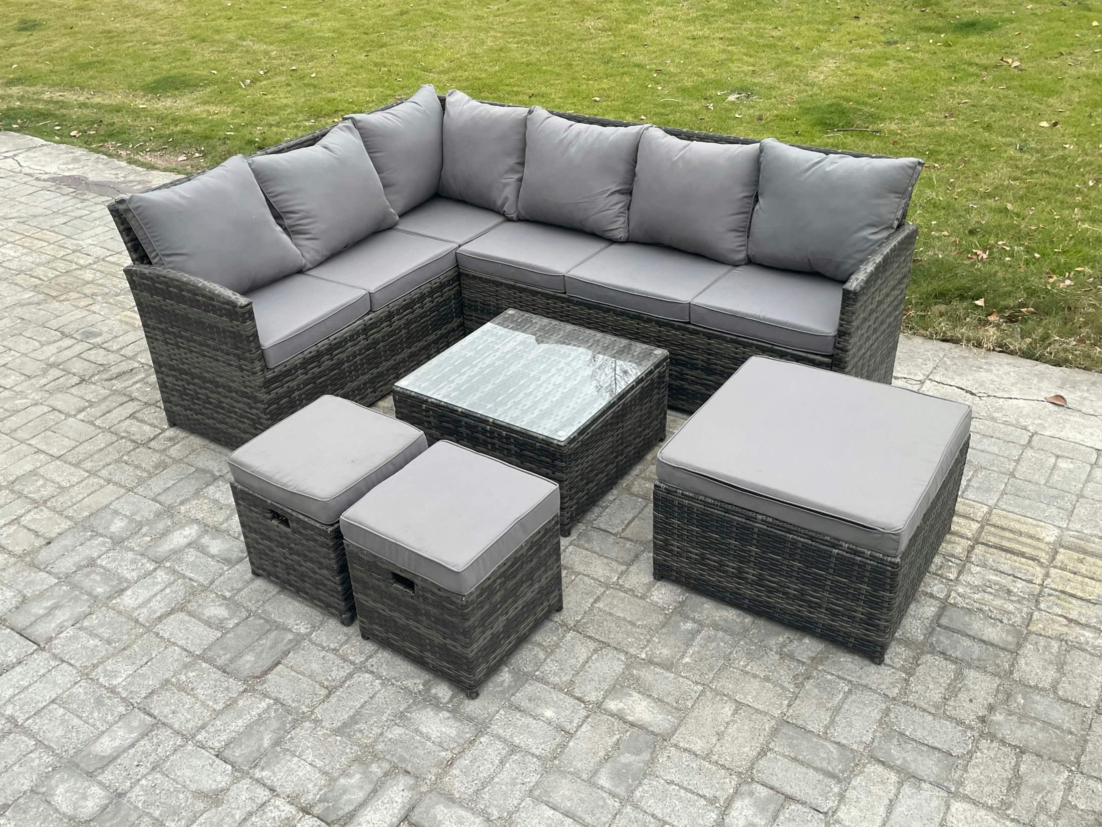 Fimous Dark/Grey 9 Seater Outdoor Garden Furniture Set Wicker Pe Rattan Corner Sofa Sets With Square Coffee Table 3 Footstools Mixed