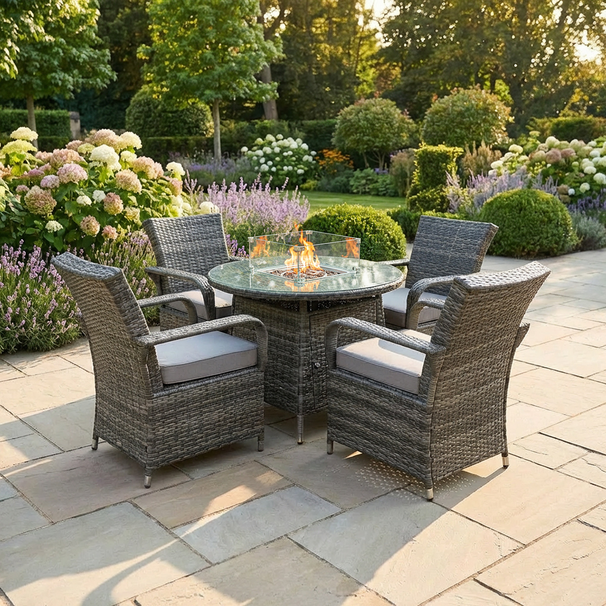 Rackhams Dark/Grey Rattan Garden Furniture Gas Fire Pit Round Dining Table Gas Heater And Dining Chairs 4 Seater