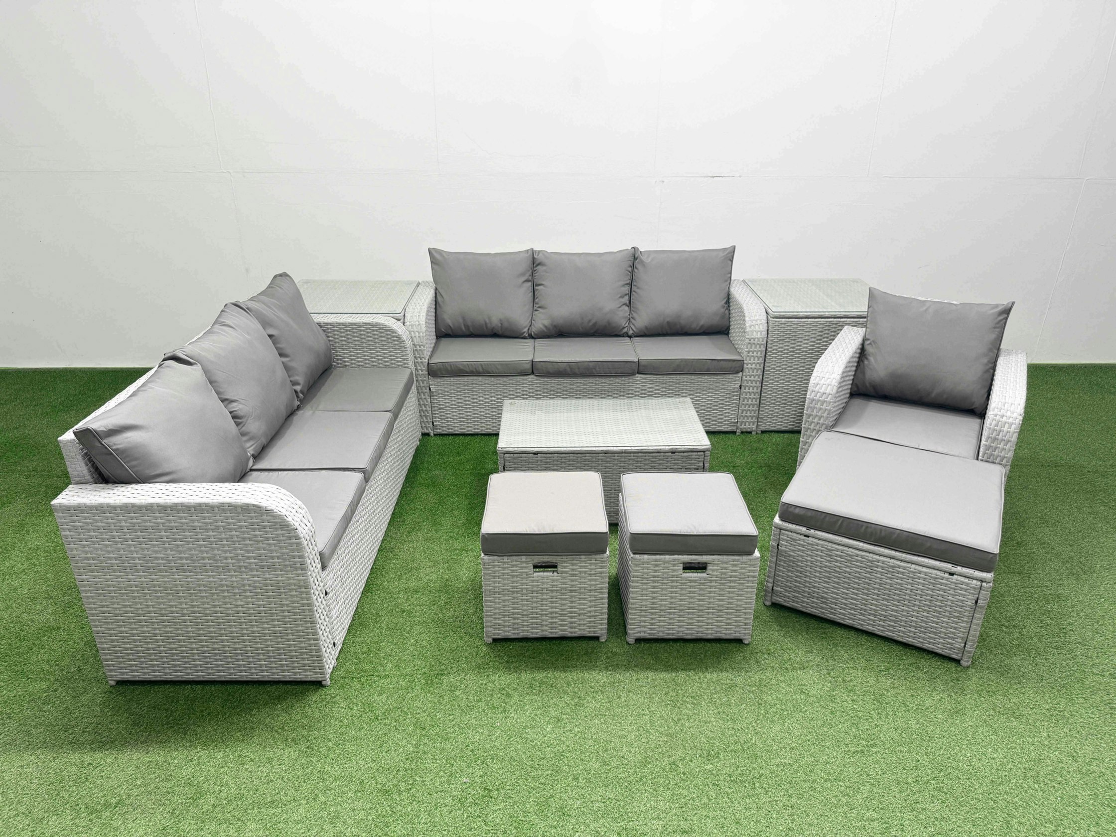Fimous Light/Grey 10 Seater Poly Rattan Outdoor Garden Furniture Sofa Set Patio 3 Seater Sofa Reclining Chair 3 Seater Sofa 3 Stools 2 Side Table