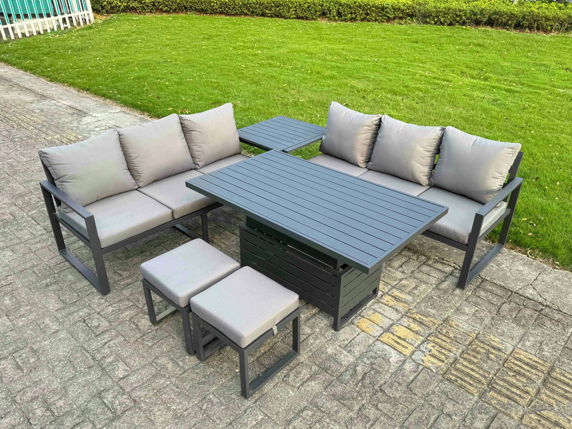 Rackhams Dark/Grey 8 Seater Aluminium Garden Furniture Set With Adjustable Rising Dining Table, 2 Sofas, Side Table, 2 Footstools