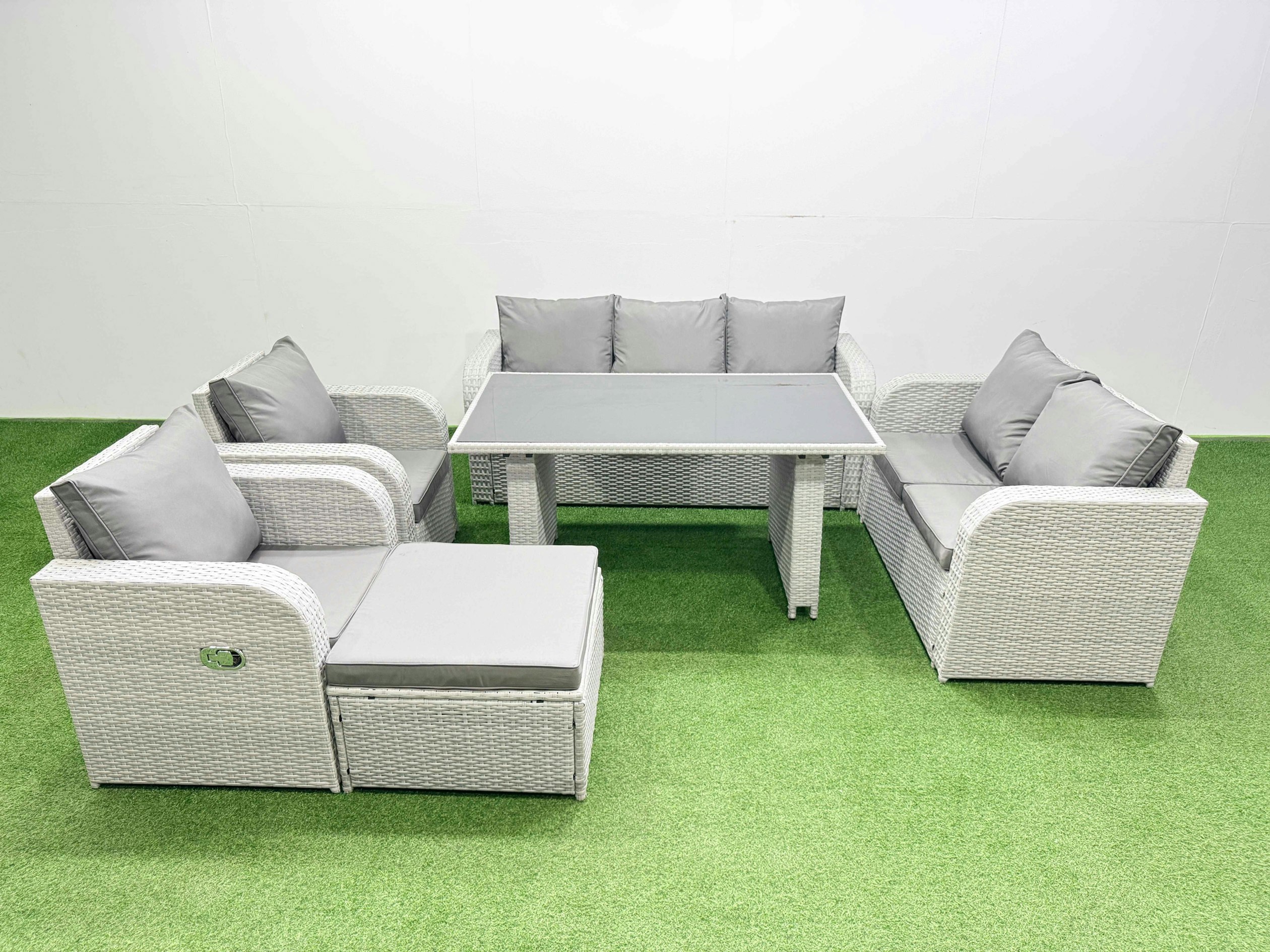 Fimous Light/Grey 8 Seater Garden Furniture Set Pe Ratten Garden Sofa Set With Rectangular Dining Table Big Stool