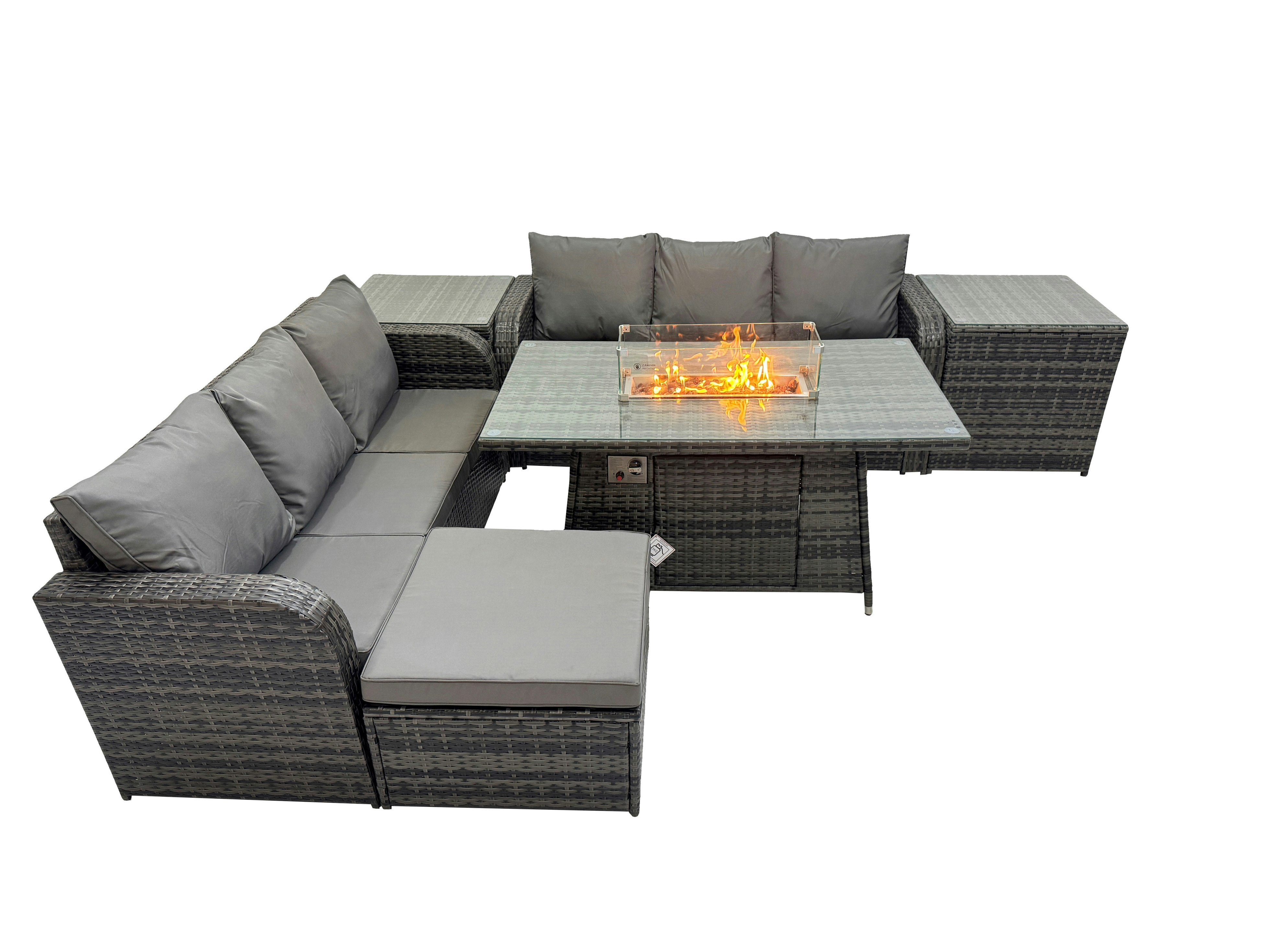 Rackhams Dark/Grey Garden Outdoor Rattan Furniture Set Rattan 3 Seater Sofa With Big Stool 2 Side Tables Mixed