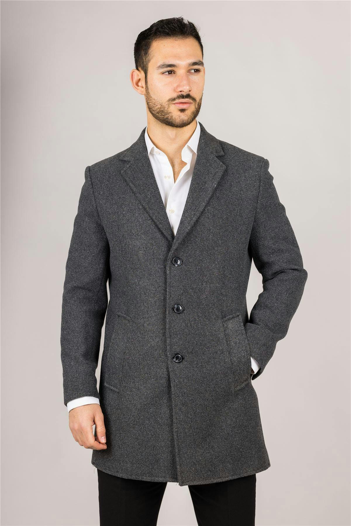 Infinity Leather Men's Grey Notched Lapel Collar Wool Blend Overcoat - 36