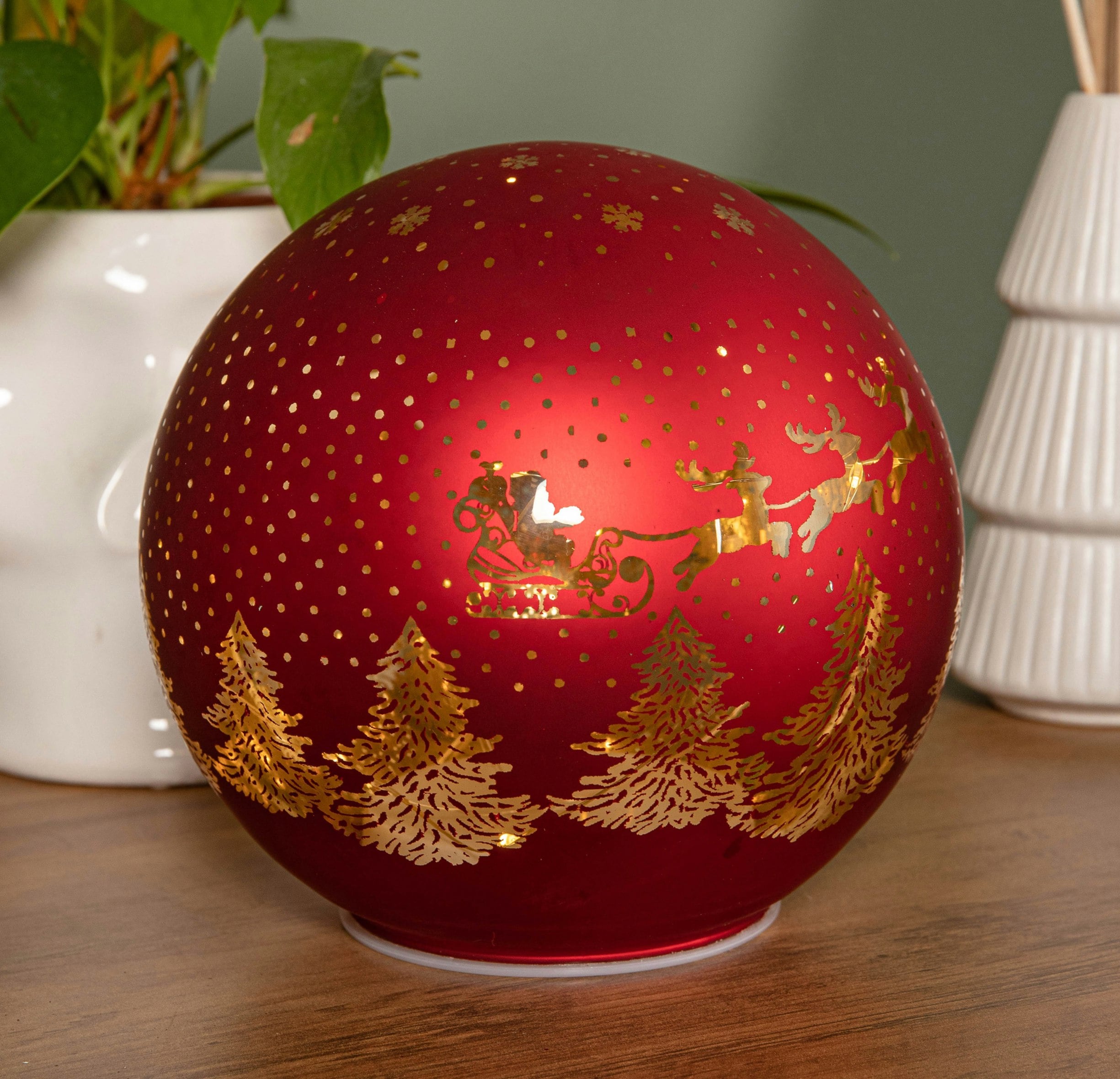Rackhams Light/Red/White 15Cm Battery Operated Up Santa Glass Ball In With Warm Leds