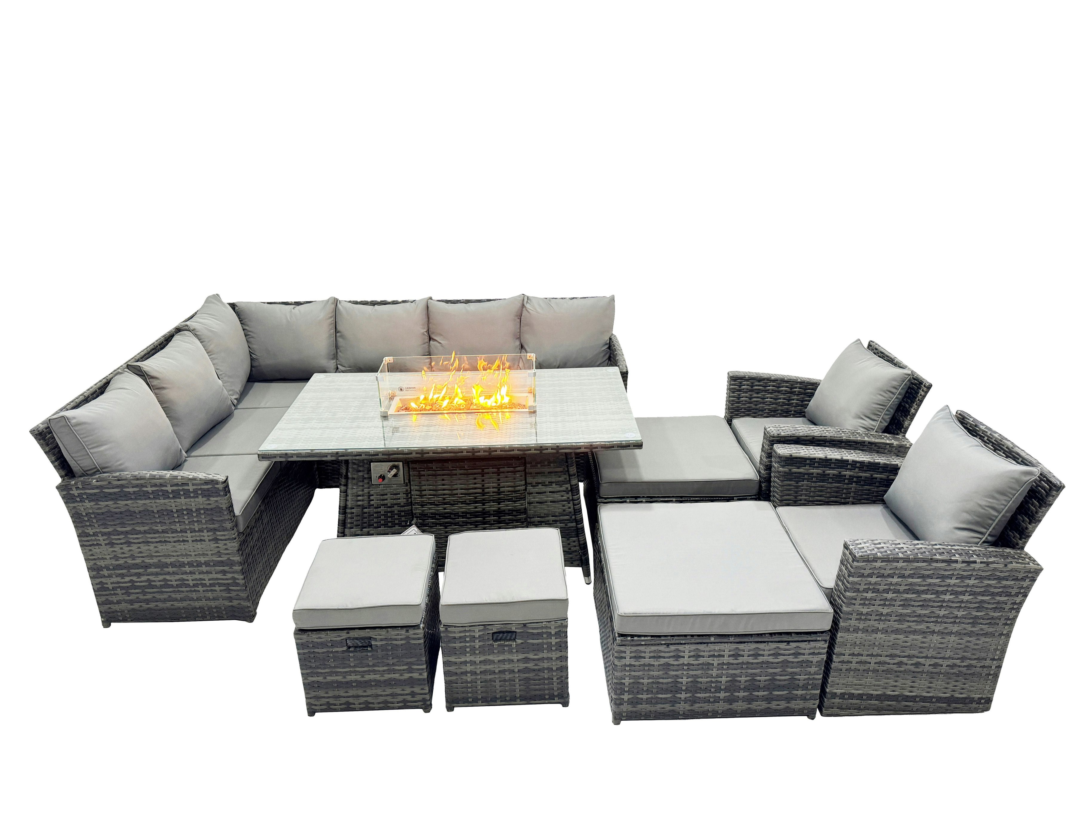 Fimous Dark/Grey 12 Seat Poly Rattan Outdoor Patio Gas Firpit Dining Table Corner Sofa Set With 4 Stool 2 Chairs For Garden Backyard Mixed