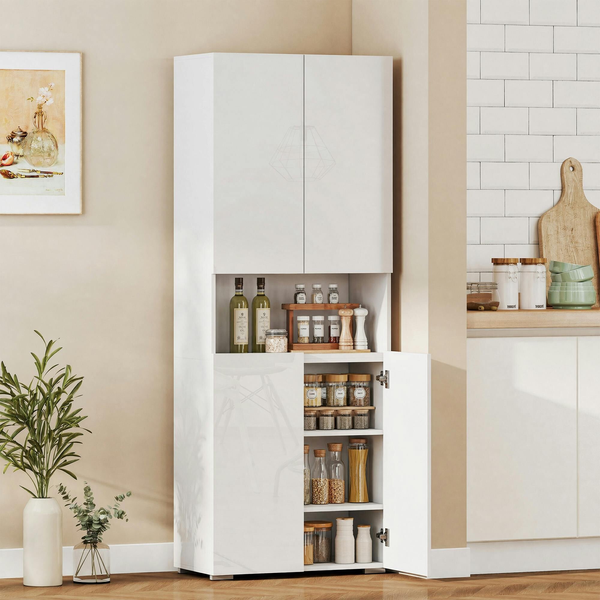 Homcom White 180Cm Tall Kitchen Cupboard, Pantry Storage Cabinet - High Gloss - Kitchen Cupboard - Mdf