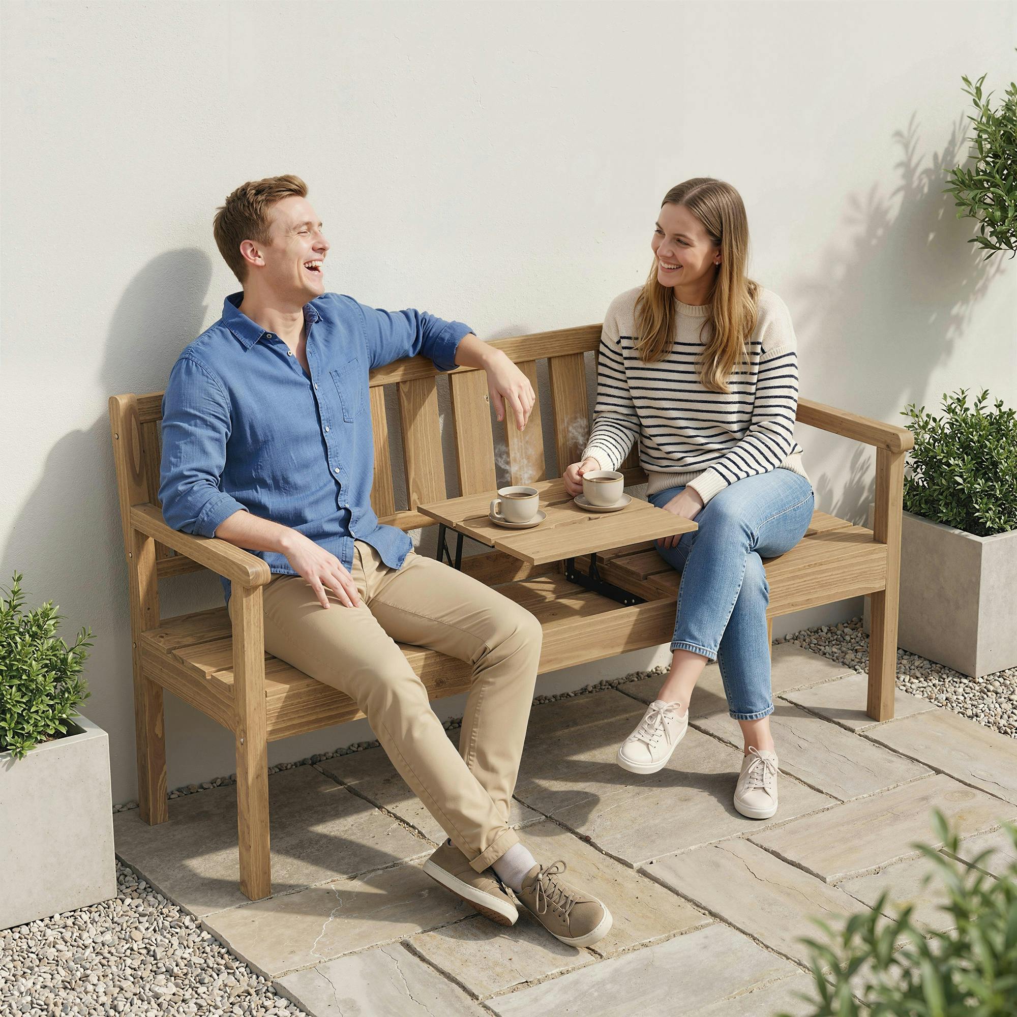 Outsunny Wooden Garden Bench With Table And Hidden Shelf, Teak - Wooden Garden Bench - 167 - Fir Wood