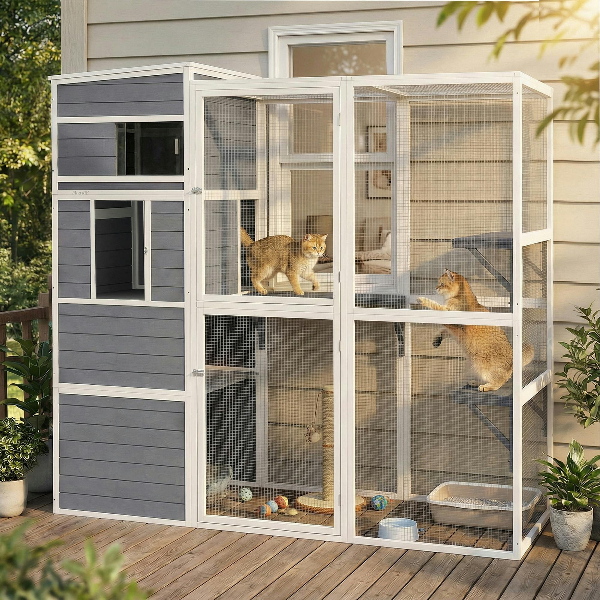 Pawhut Unisex Grey Wooden Catio With Spacious Resting Rooms, 3 Platforms, Window, - Image 2
