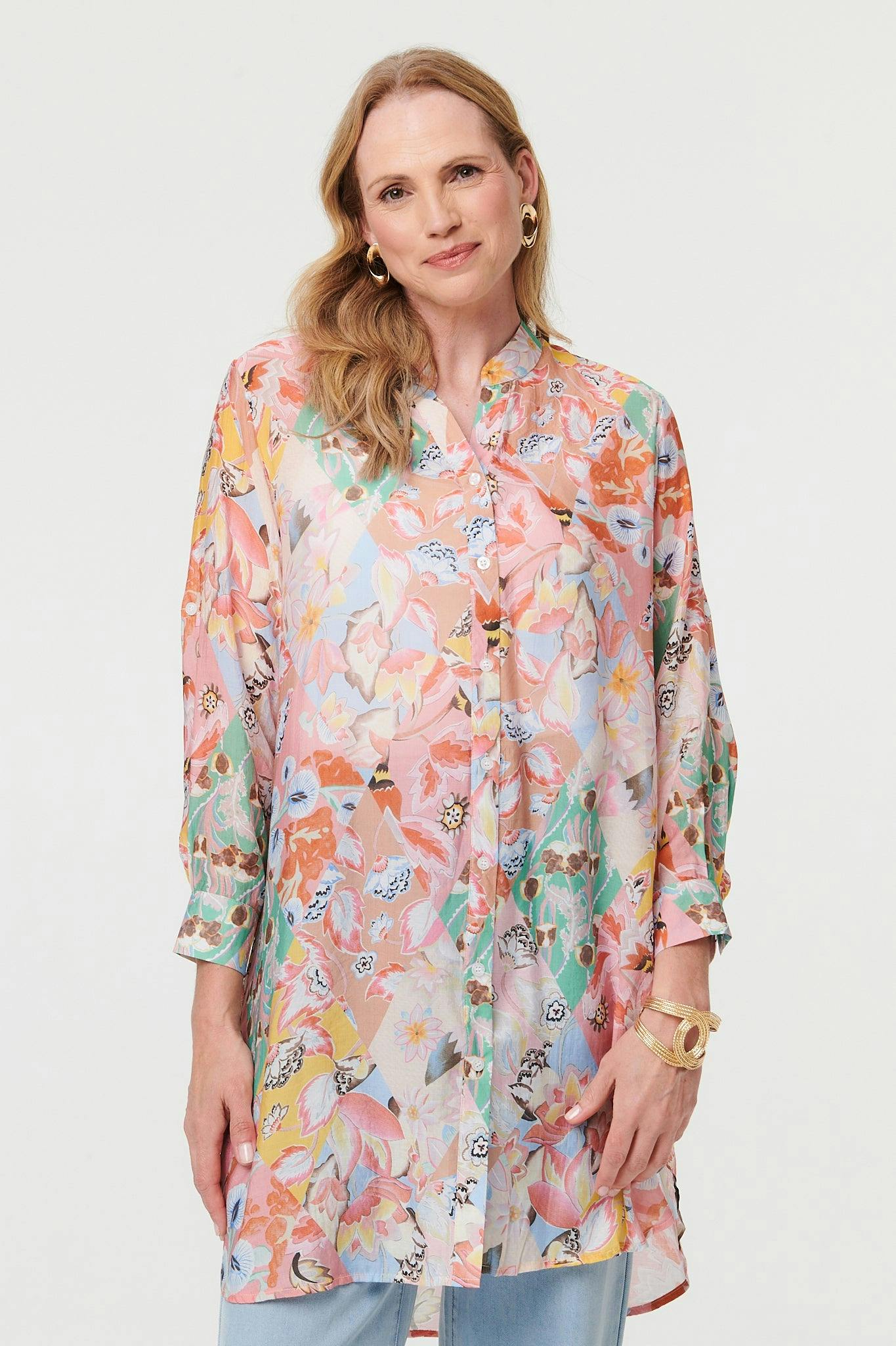 Izabel London Pink Floral V-Neck Long Sleeve Longline Shirt - 14