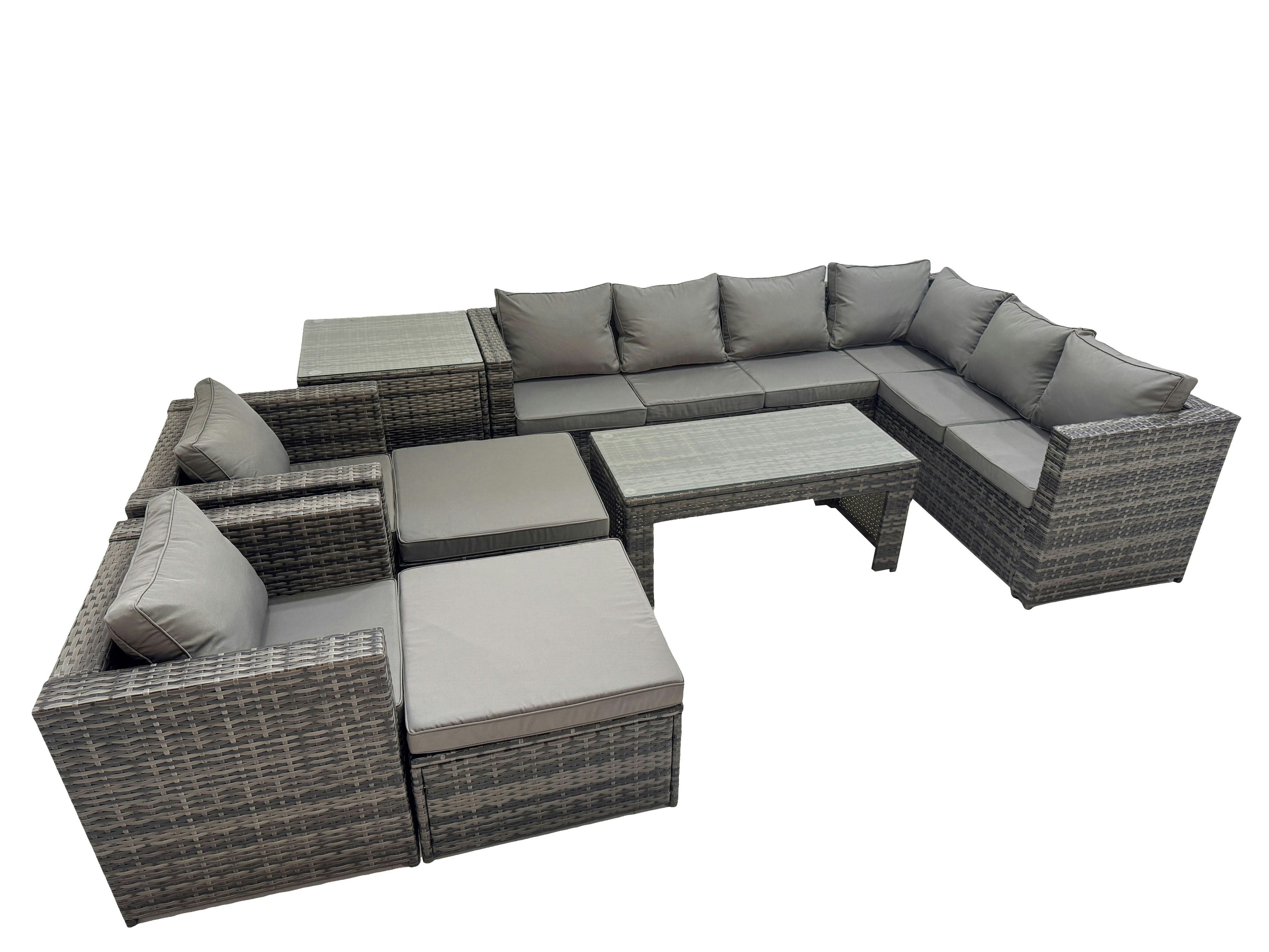 Rackhams Dark/Grey Outdoor Rattan Oblong Coffee Table Corner Sofa Sets Garden Furniture Set With 2 Chairs 2 Big Stools Side Table Mixed