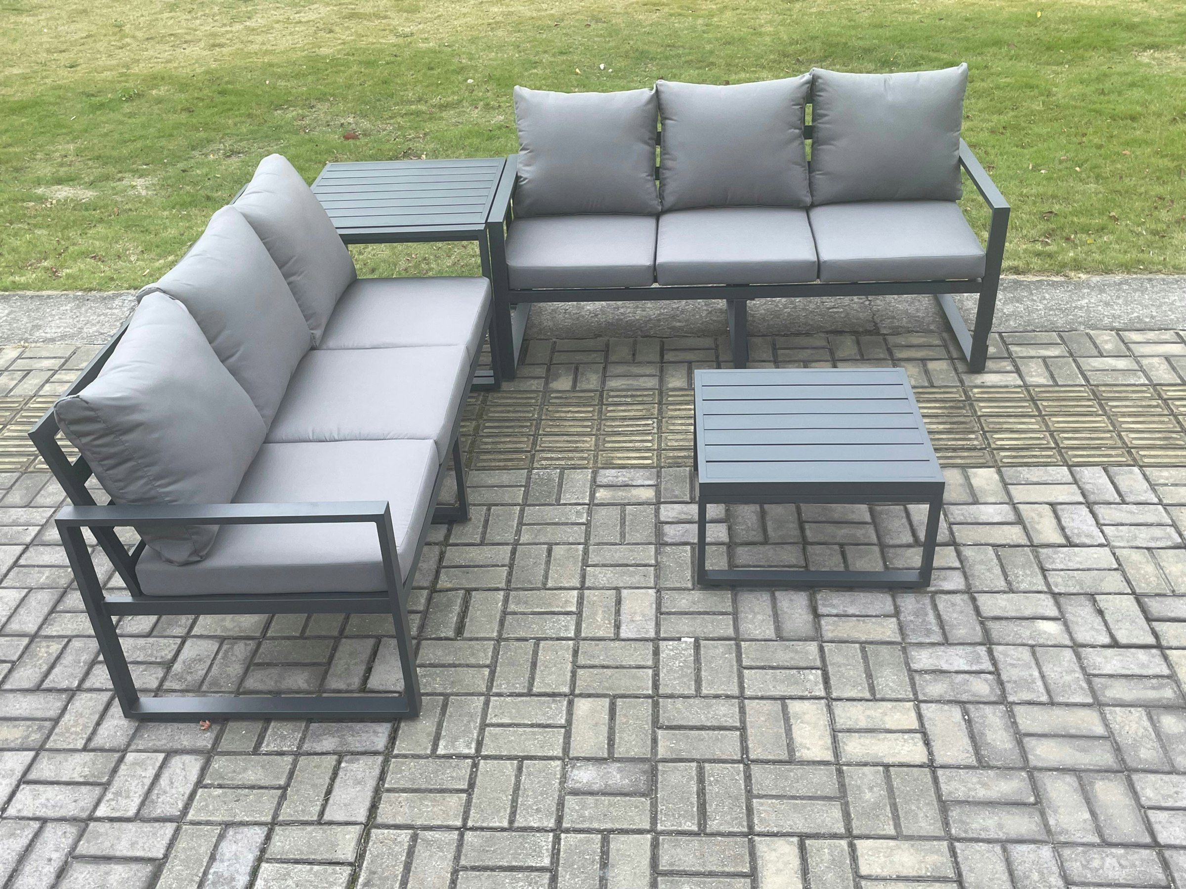 Fimous Dark/Grey Aluminium 4 Pieces Garden Furniture Sofa Set With Cushions 6 Seater Outdoor Patio Set With Square Coffee Table Side Table
