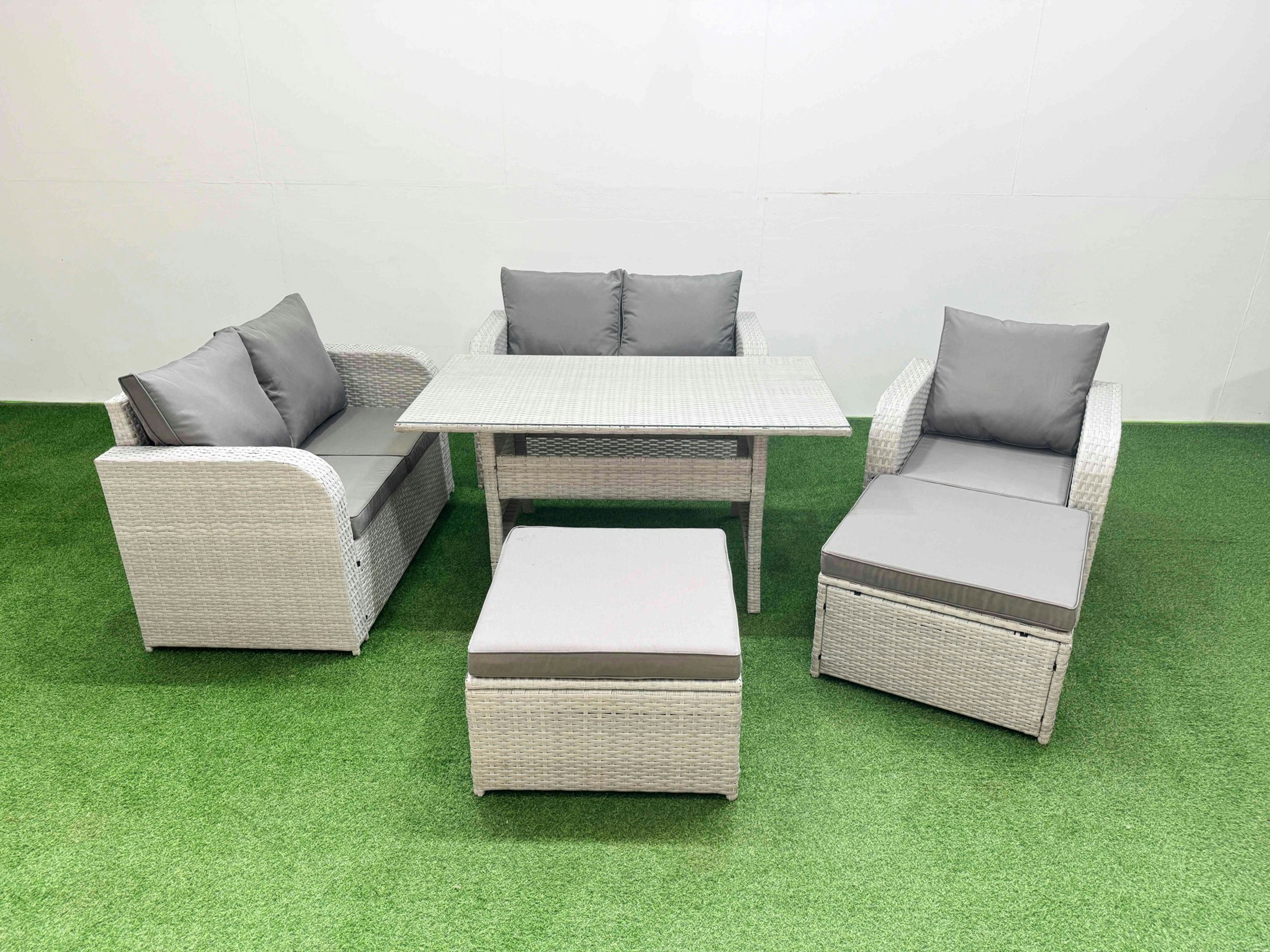 Rackhams Light/Grey High Back Poly Rattan Garden Furniture Set - Indoor/Outdoor Patio Set With Reclining Chair & Dining Table