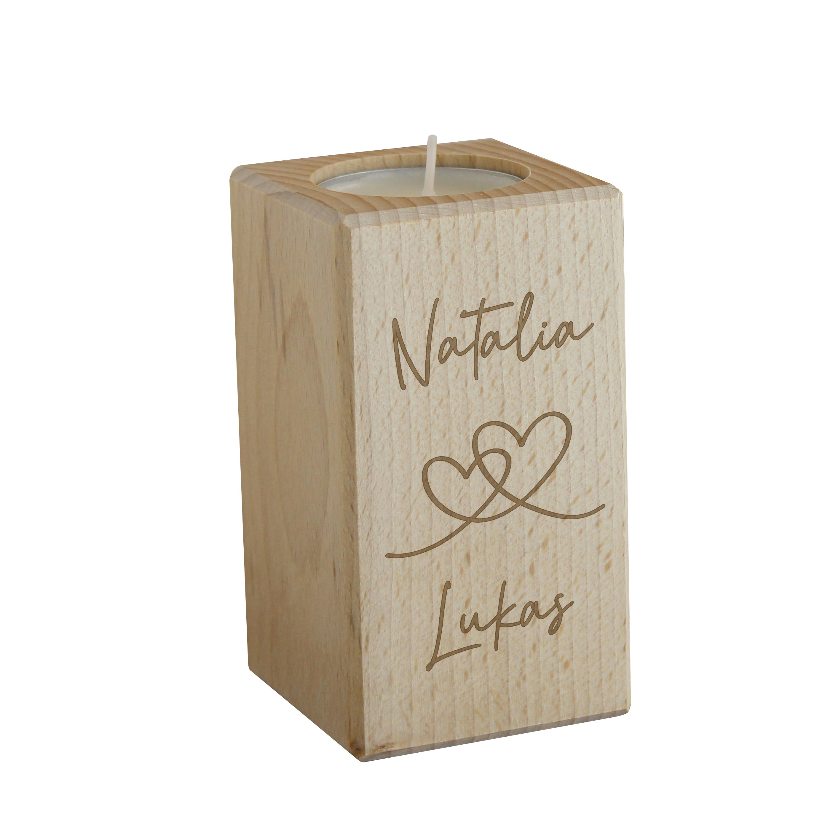 Rackhams Grain Personalised Engraved Hearts Wooden Tealight Holder
