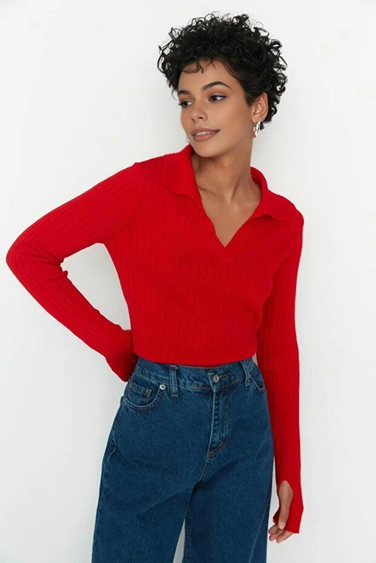 Wovcor Red Polo Neck Knit Sweater With Finger Detail - Xs