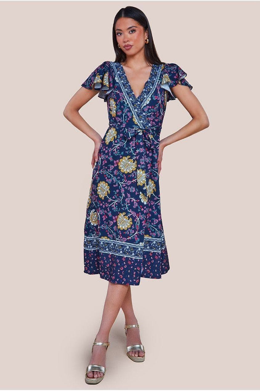 Goddiva Floral Print Wrap Midi With Flutter Sleeves - Navy Print By - Navy Print - 12