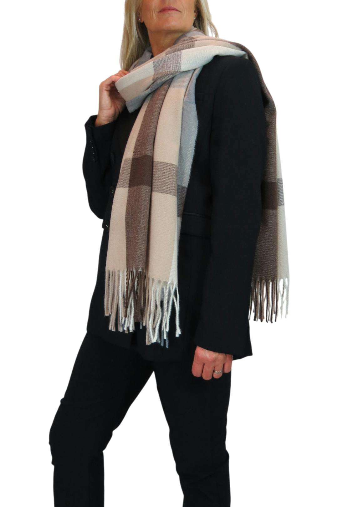 Paulo Due Brown Wool Pashmina Shawl Oversized Plaid Wrap Scarf
