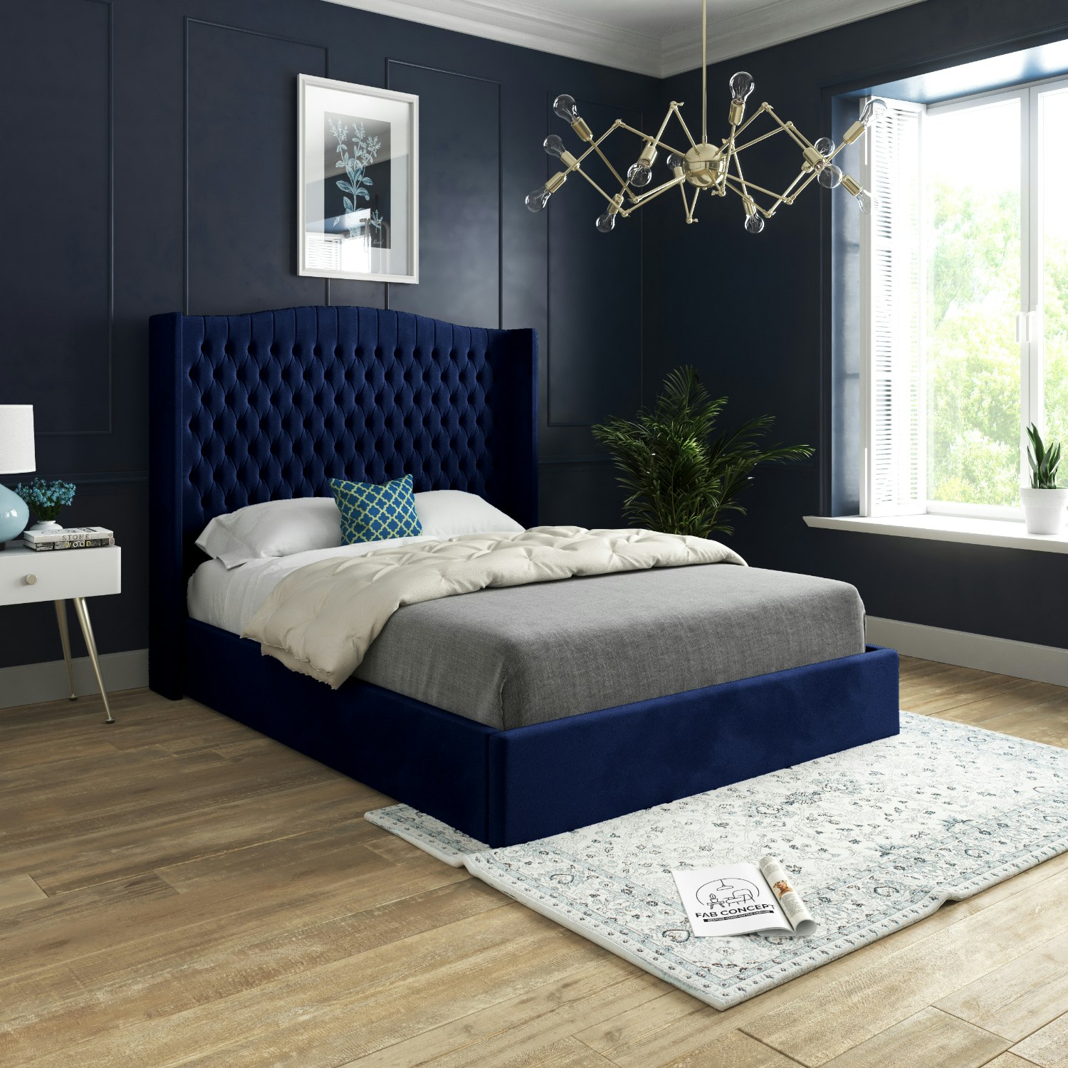 Rackhams Blue Rana Curved Top Winged Upholstered Soft Velvet Bed Frame - Single
