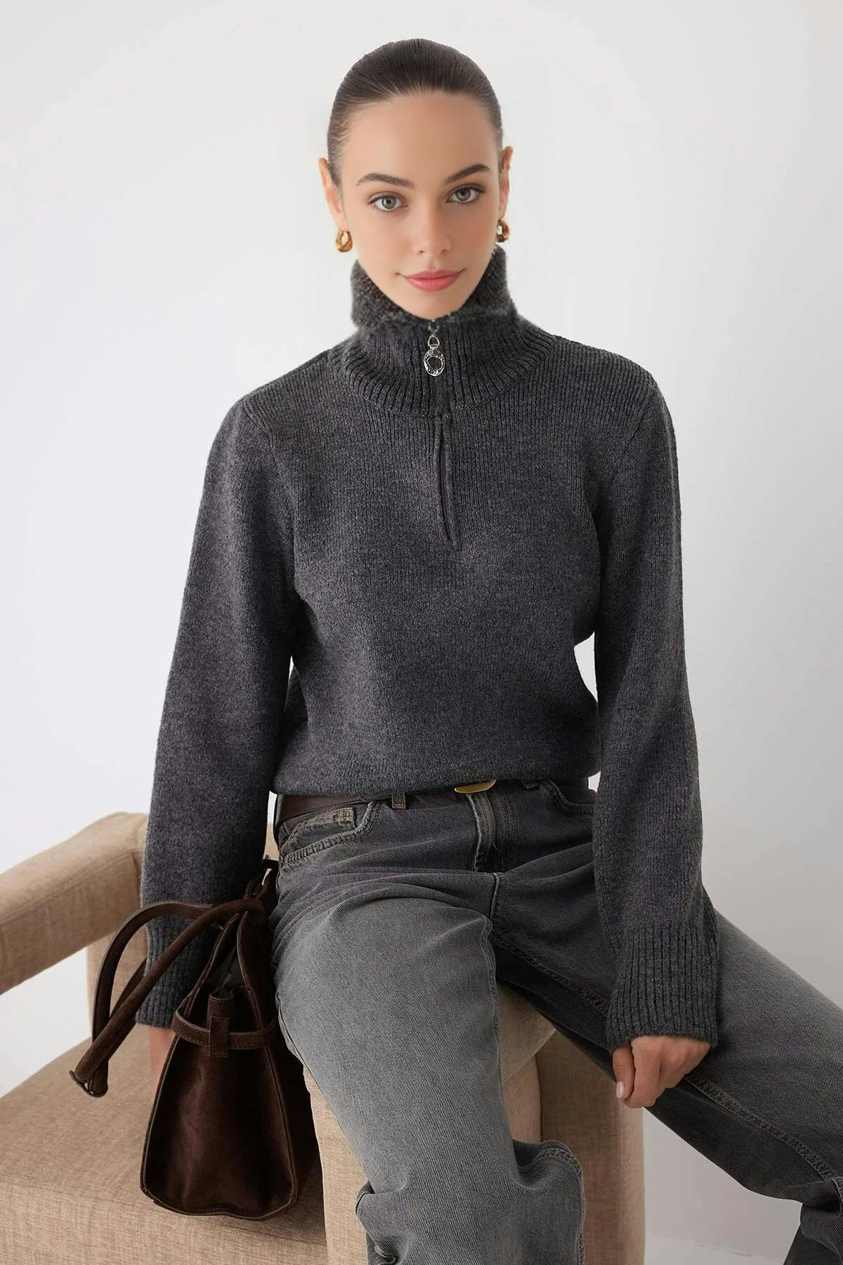Wovcor Grey Knit Sweater With Zipper Detail - S