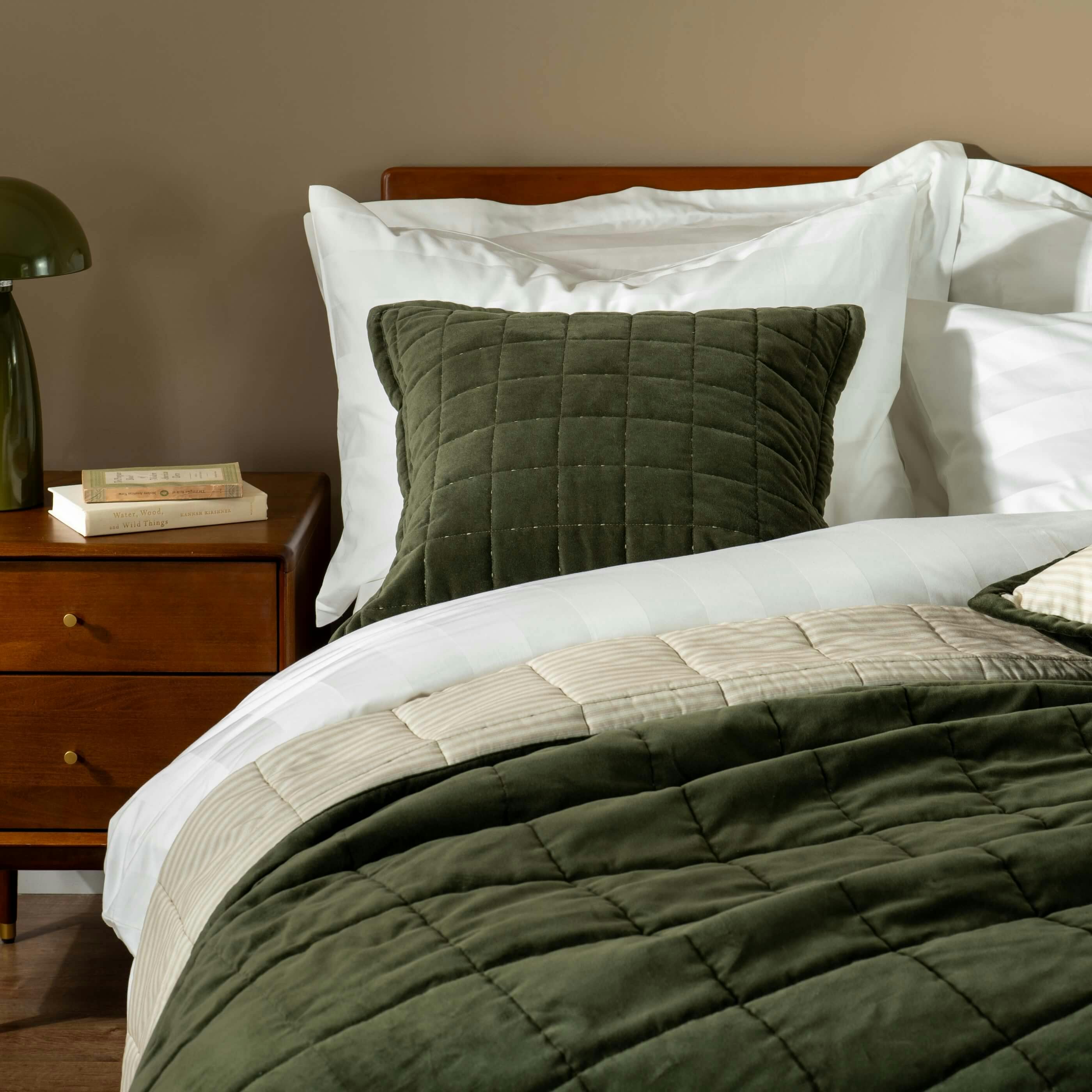 Rackhams Green Olive Velvet Cotton Quilted Bedspreads - King/Superking