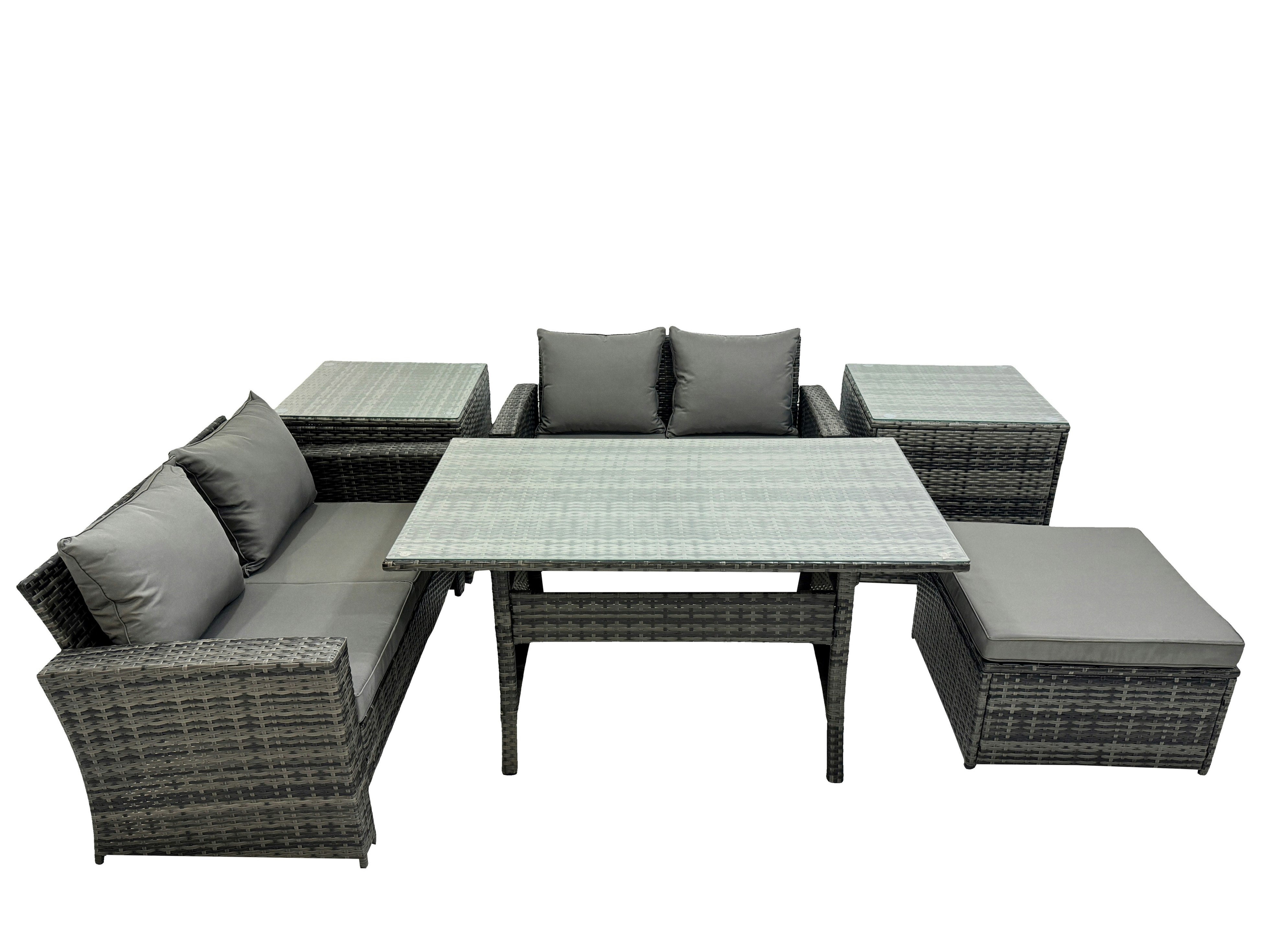 Rackhams Dark/Grey 5 Seater Wicker Pe Rattan Furniture Outdoor Dining Table Double Seat Sofa 2 Side Table Big Stool Set Mixed
