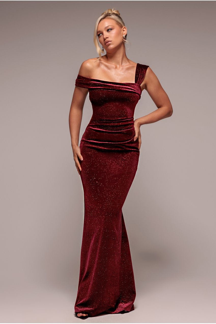 Goddiva Light Glitter Polka Dot Velvet One Shoulder Maxi Dress - Wine By - Wine - 18