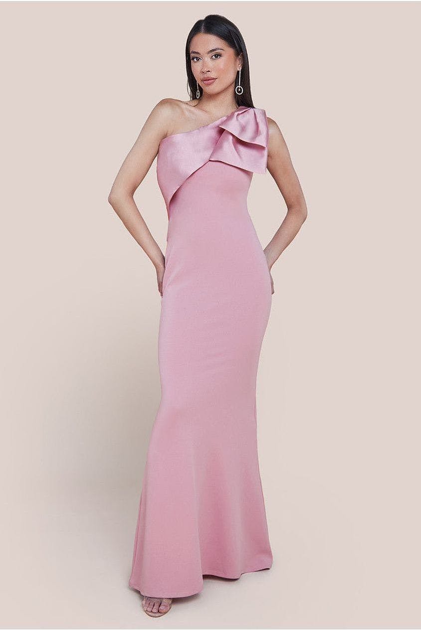 Goddiva One Shoulder Satin Bow Scuba Crepe Maxi Dress - Blush By - Blush - 16