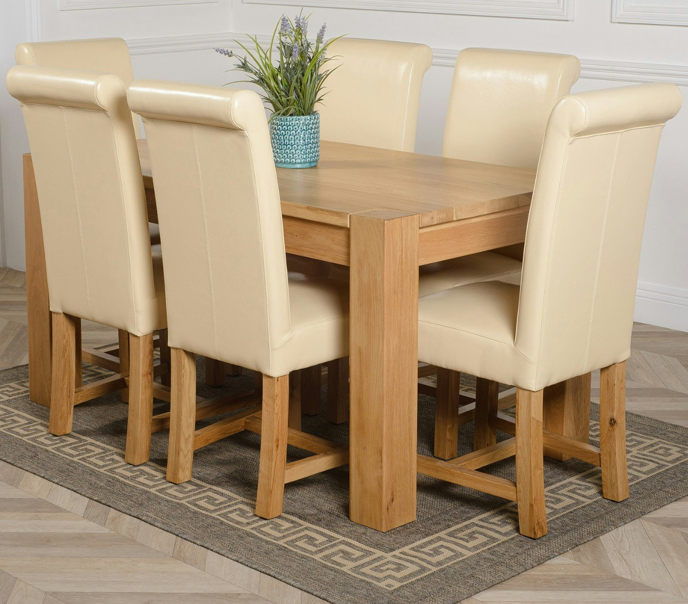 Rackhams Ivory Kuba Medium Oak Dining Table With Washington Leather Chairs - 6 Chairs