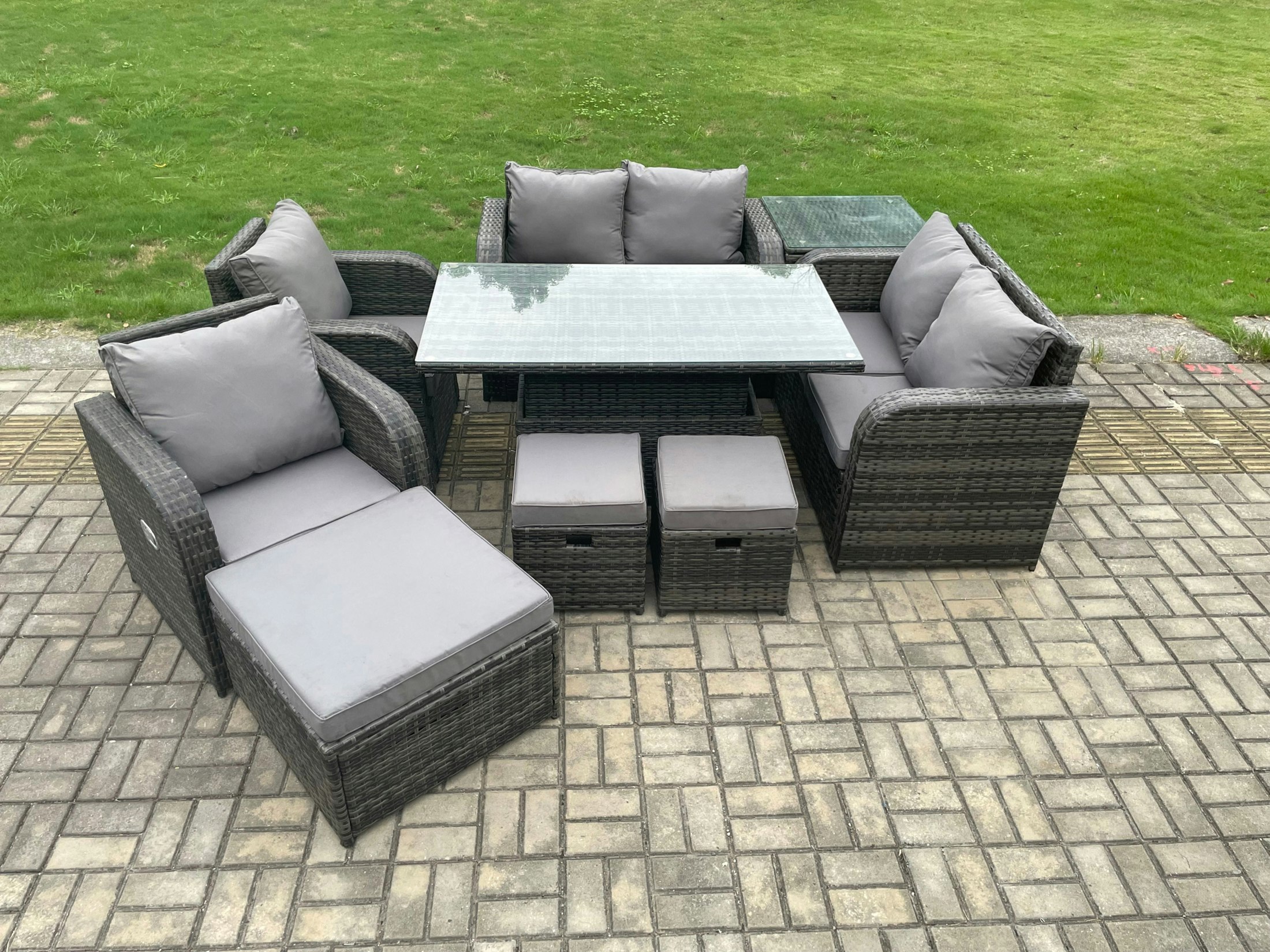 Rackhams Pe Rattan Garden Furniture Set Height Adjustable Rising Lifting Dining Table Chair Love Sofa With Side Table 3 Footstools