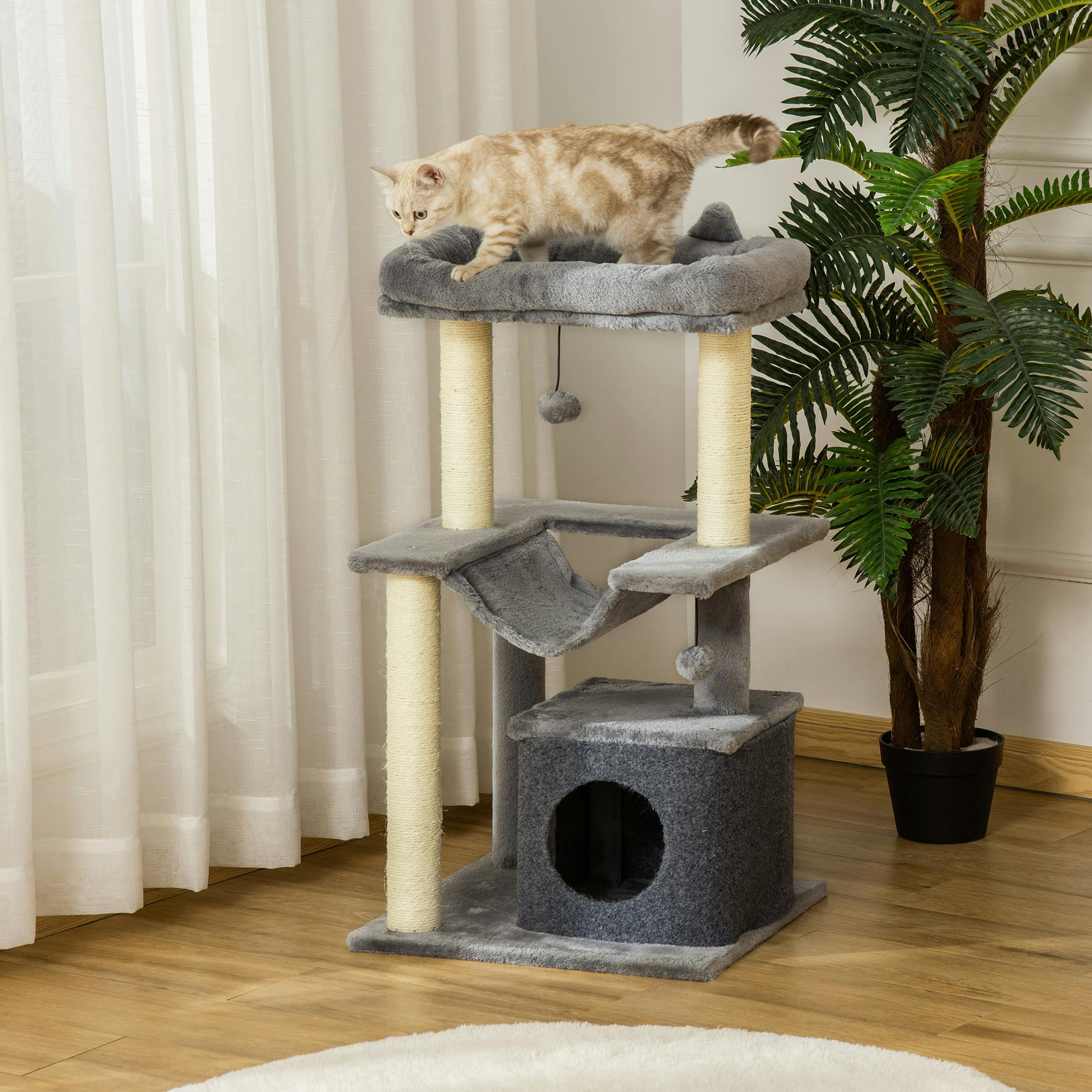 PAWHUT Cat Tree, 90cm Cat Tower with Sisal Scratching Posts, Grey - Image 3