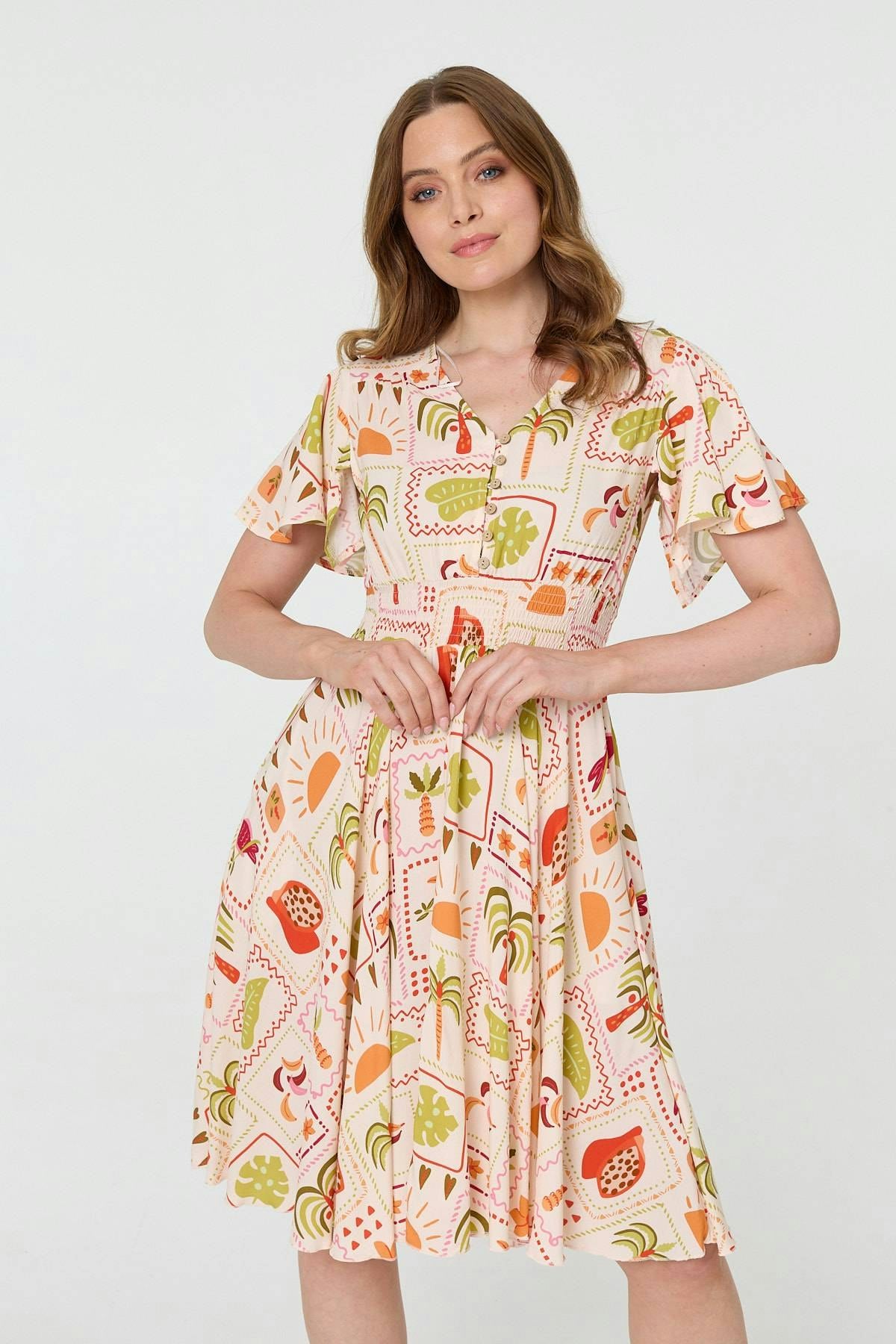 Izabel London Pink Printed V-Neck Shirred Knee Length Dress - 8