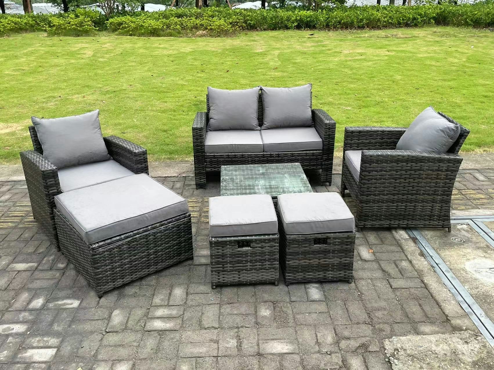 Fimous Dark/Grey 7 Seater Mixed High Back Rattan Sofa Set Square Coffee Table Garden Furniture Outdoor 3 Stools