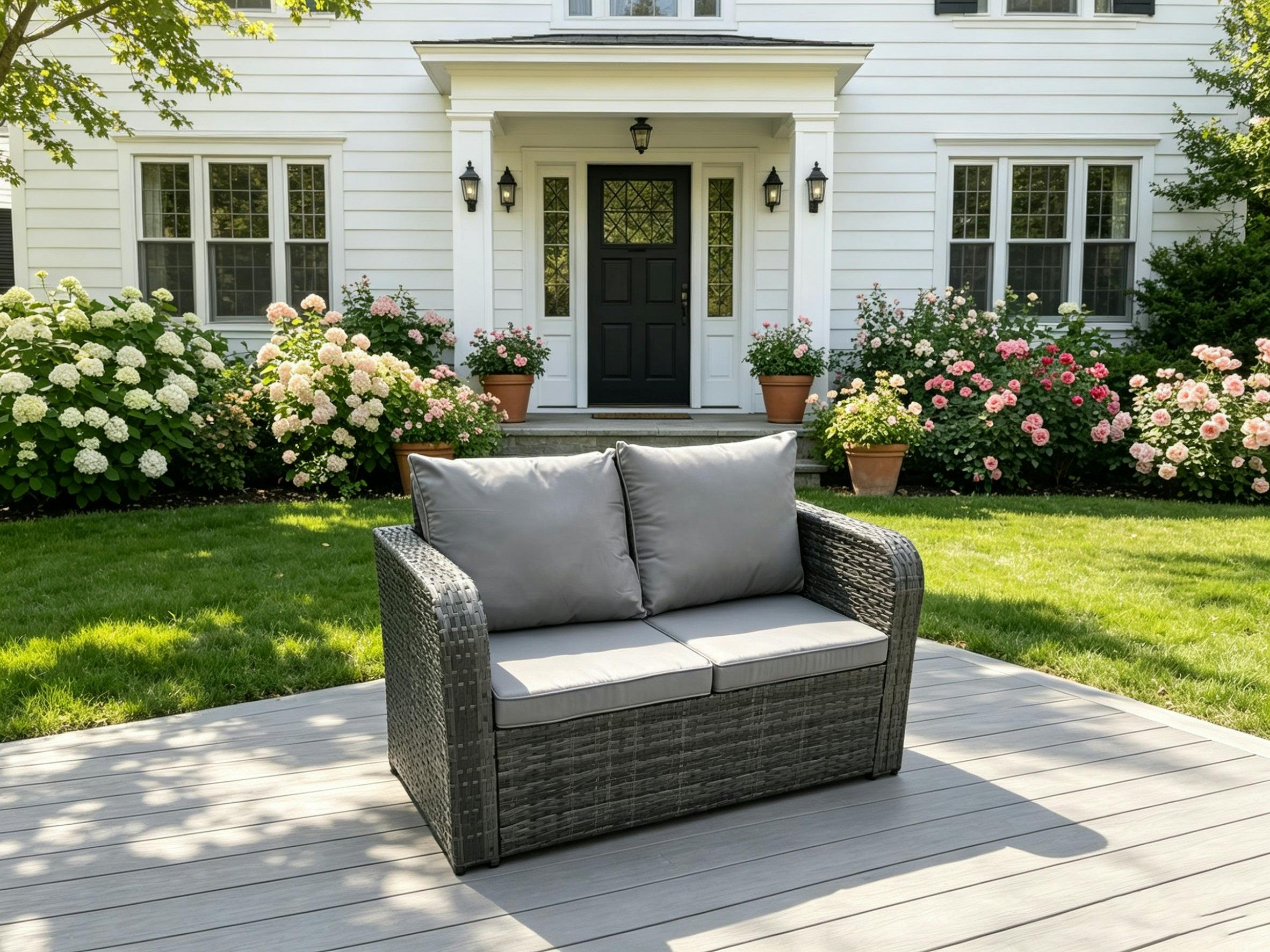 Fimous Dark/Grey 2 Seater Curved Arm Rattan Love Sofa Patio Outdoor Garden Furniture With Cushion