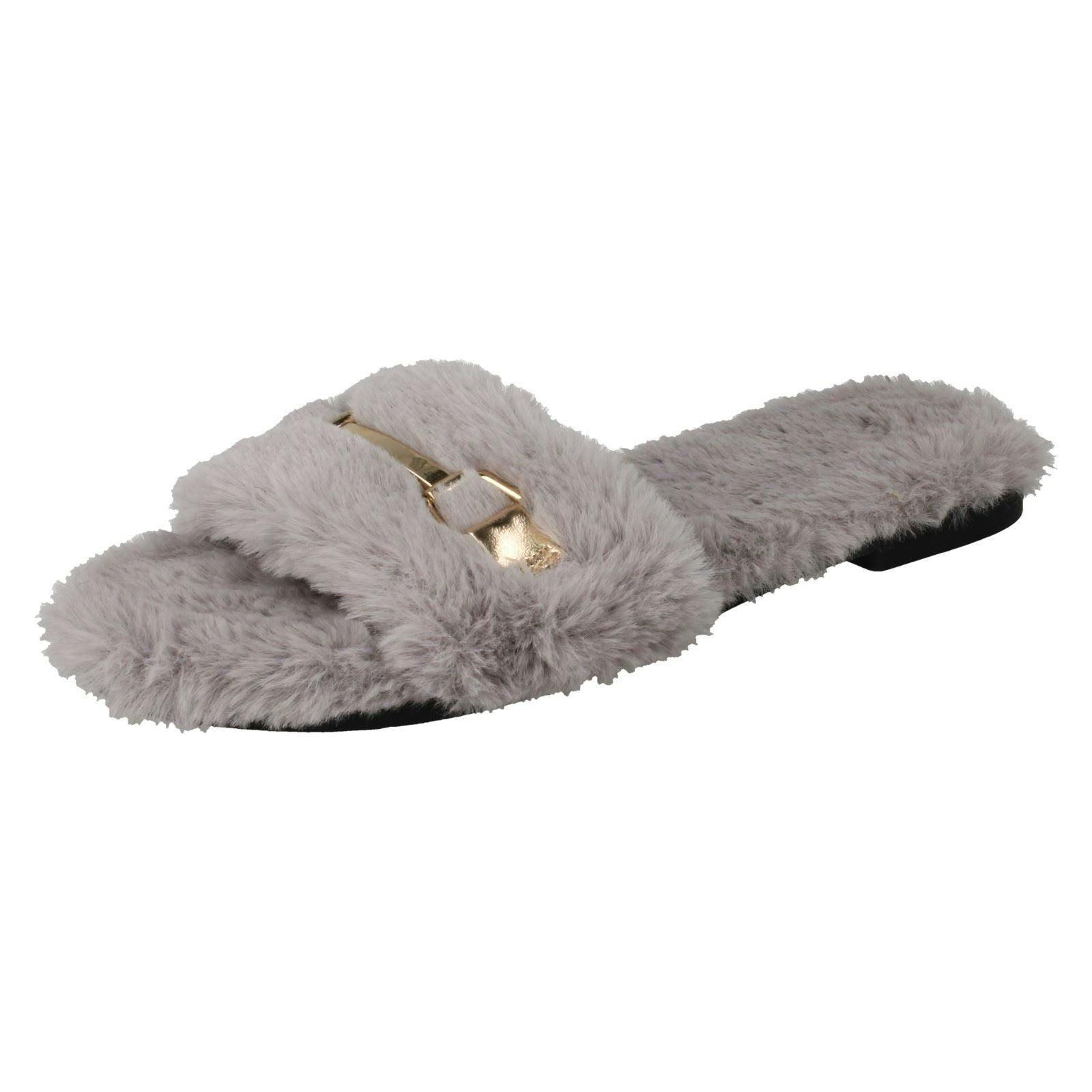 Spot On Women's Grey Flat Fur Mule Sliders F00139 - Uk 6