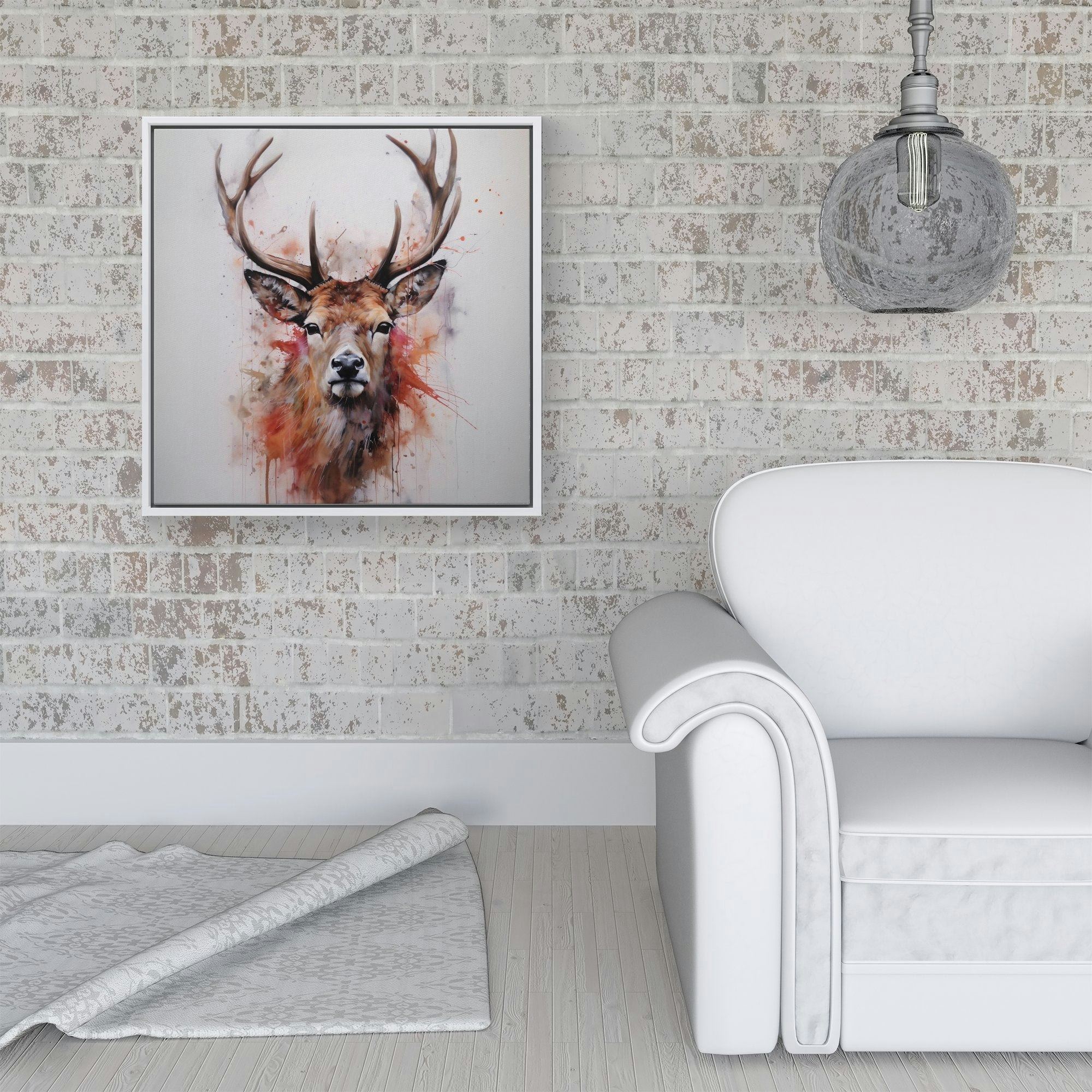 Warren Reed White Watercolour Splash Art Stag Face Framed Canvas - 16" X 16"