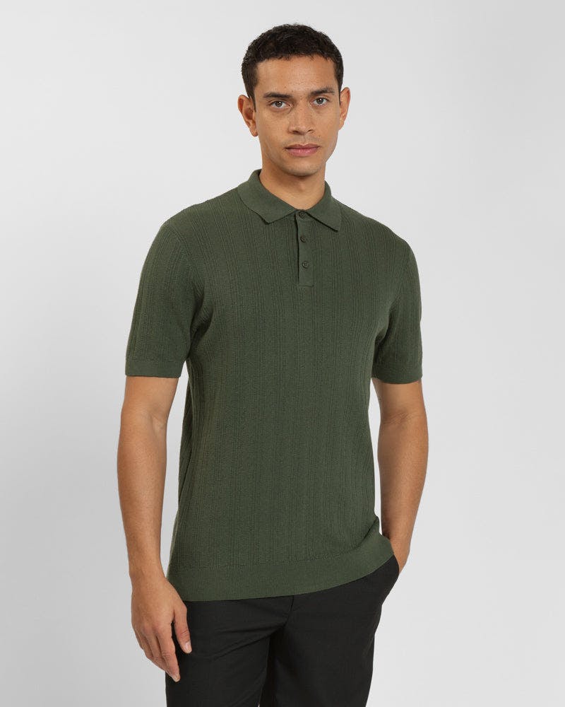 Steel & Jelly Green Textured Stripe Short Sleeve Polo Shirt - Forest - Xl