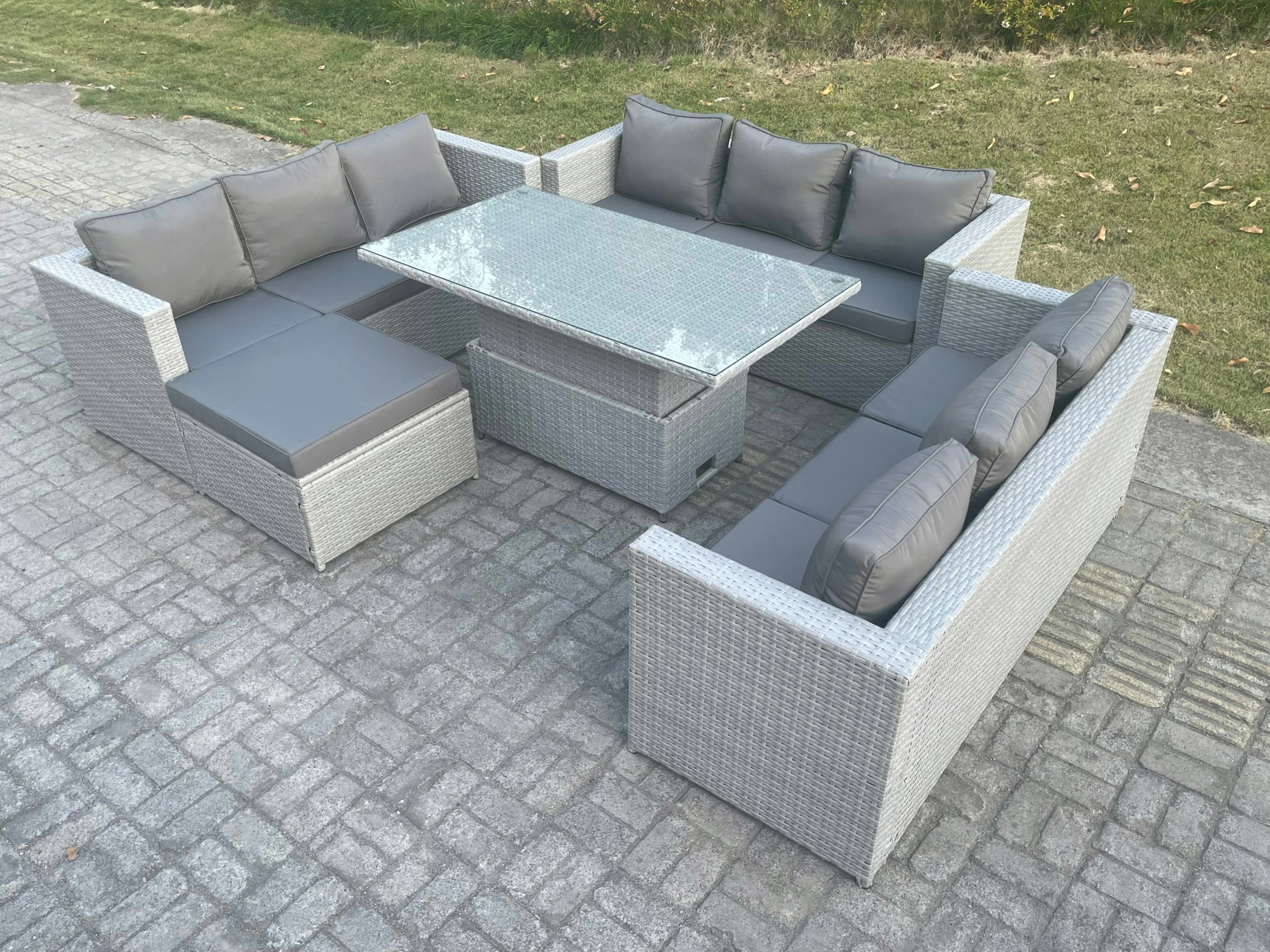 Fimous Light/Grey U Shape Lounge Rattan Garden Furniture Set Adjustable Rising Lifting Table Dining Set Footstool