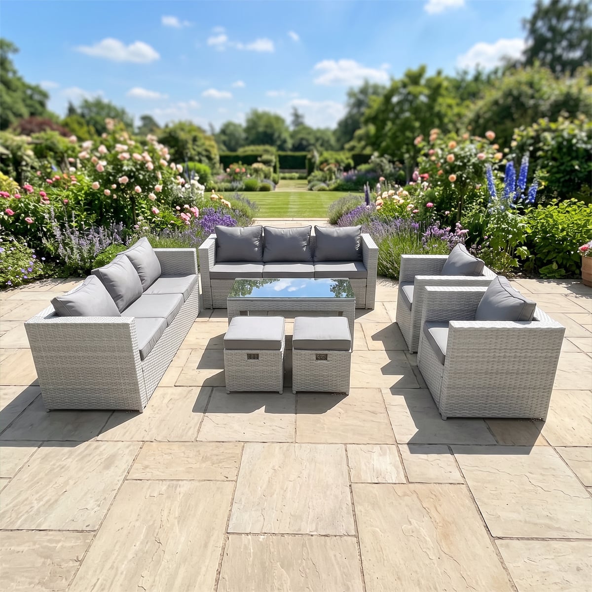 Fimous Light/Grey Outdoor Garden Furniture Rattan Sofa Set With 2 Armchairs Oblong Coffee Table 2 Small Footstools Mixed
