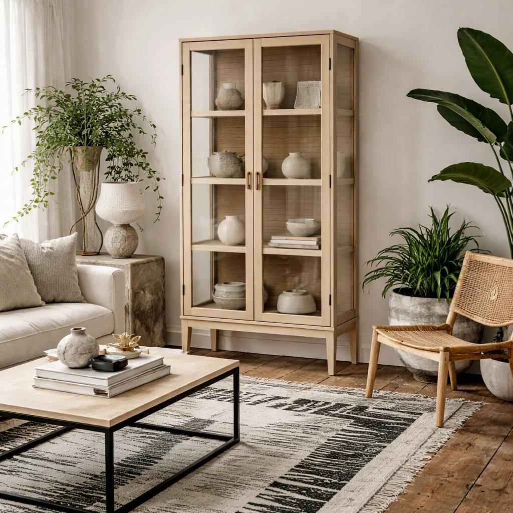Rackhams White Nakskov Oak Wood Panelled Display Cabinet 2 Glass Doors