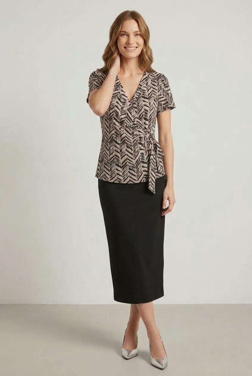 Izabel London Grey Abstract Short Sleeve Faux Wrap Top - 12
