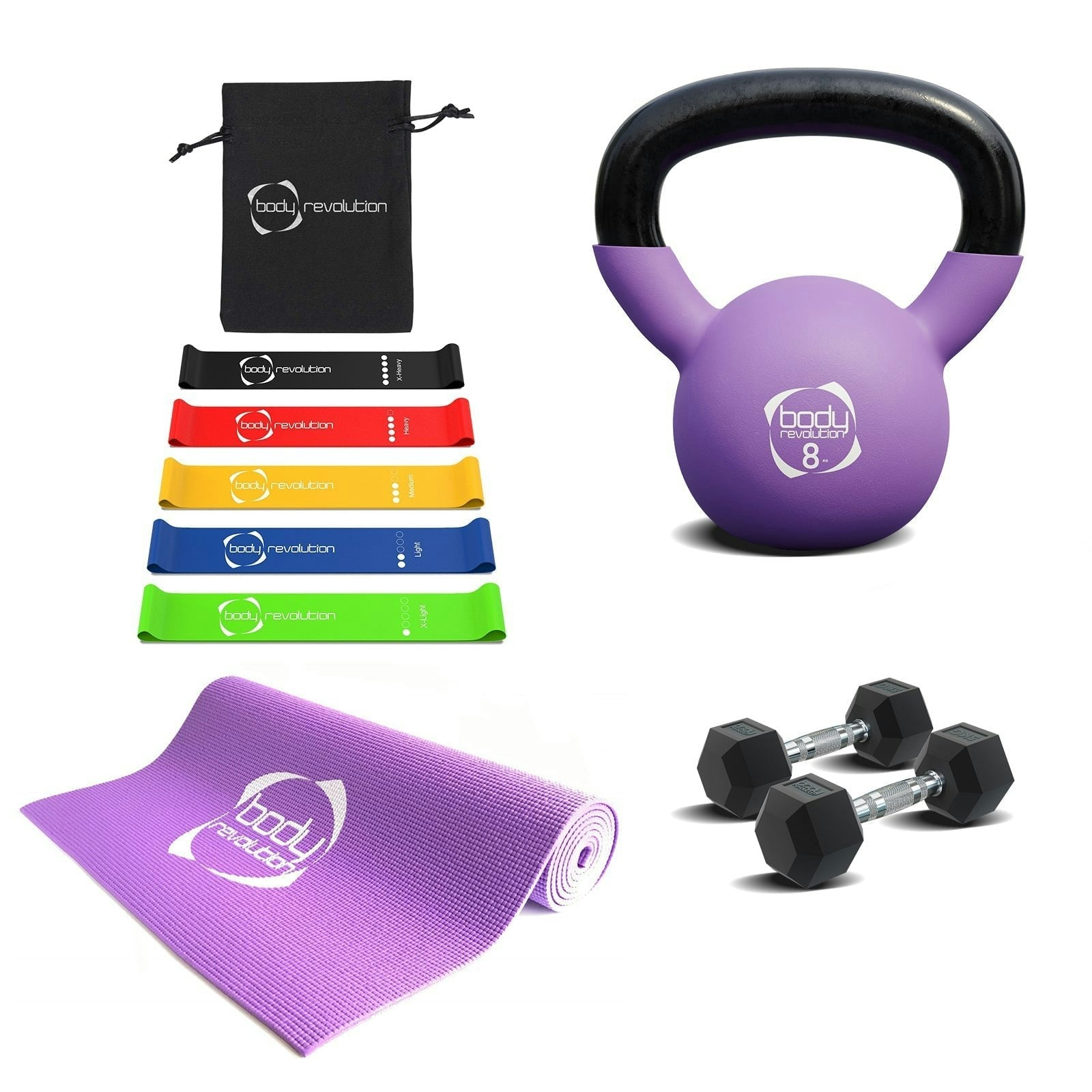 Body Revolution Dumbbells + Kettlebell + Mat + Resistance Bands - 5Kg Dumbbell 8Kg Kettlebell Mat Resistance Bands