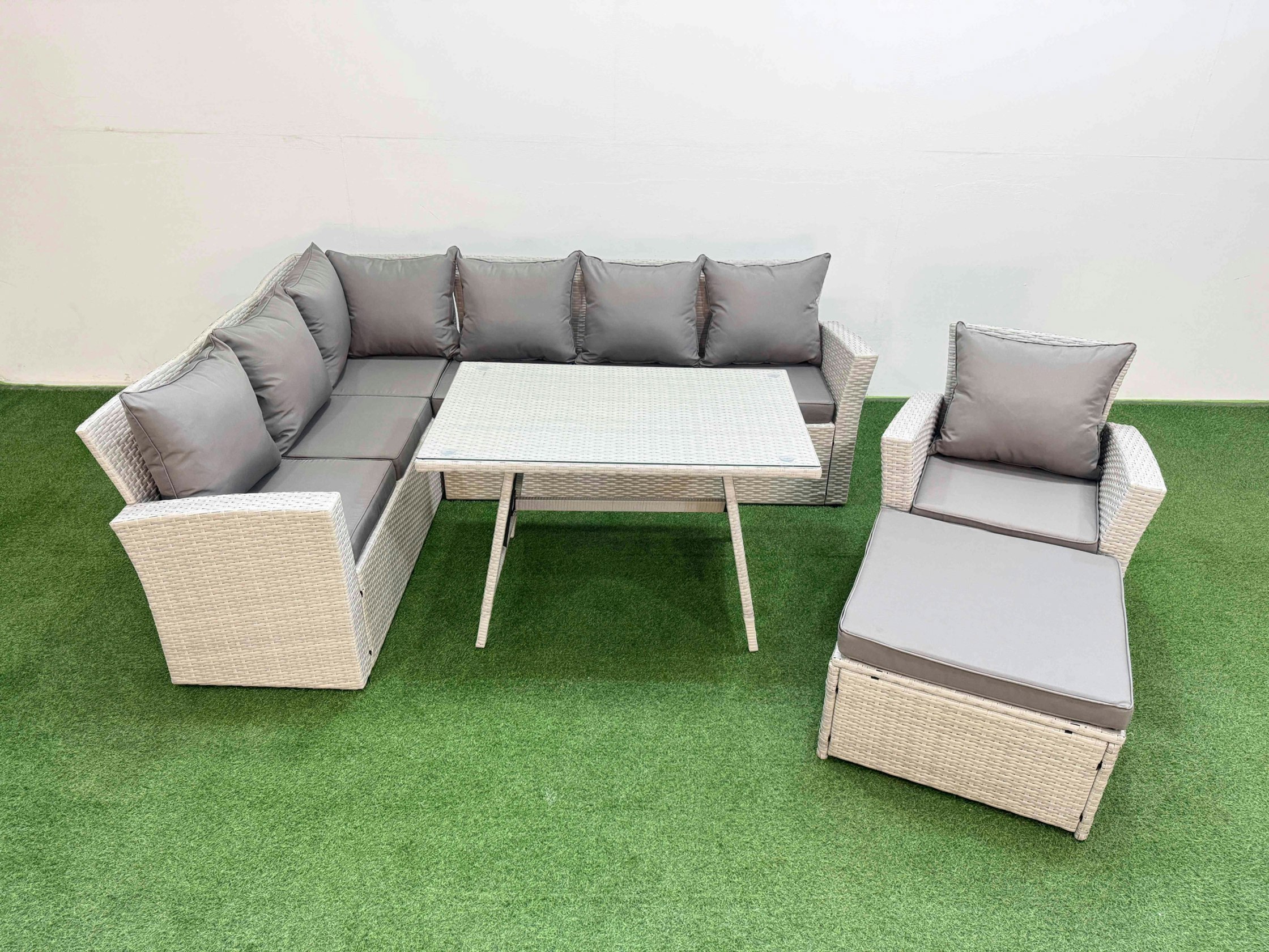 Rackhams Light/Grey Garden Outdoor Rattan Furniture Set Rattan Corner Sofa Oblong Dining Table With Armchair Big Footstool Mixed 8 Seater