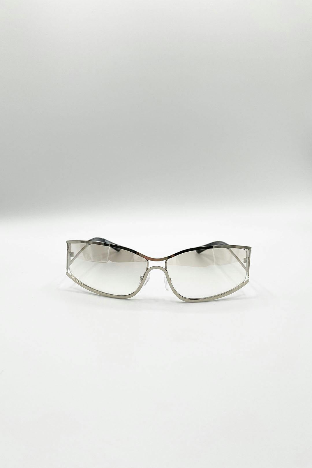 Svnx Silver Retangle Wrap Around Metal Sunglasses In - One Szie