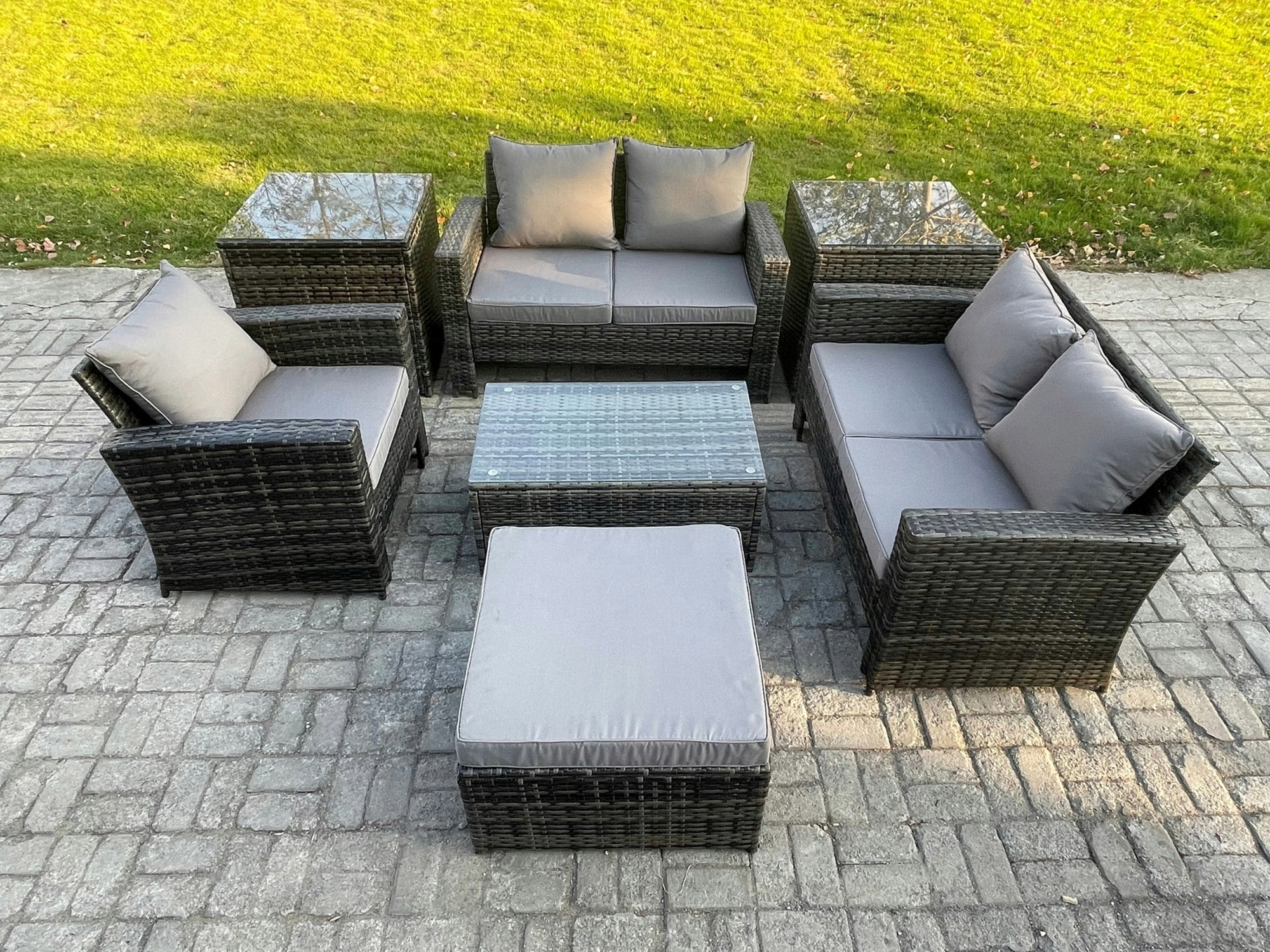Fimous Dark/Grey 6-Seater Rattan Outdoor Lounge Set | Rectangular Coffee Table, Sofa, 2 Side Tables, Large Footstool