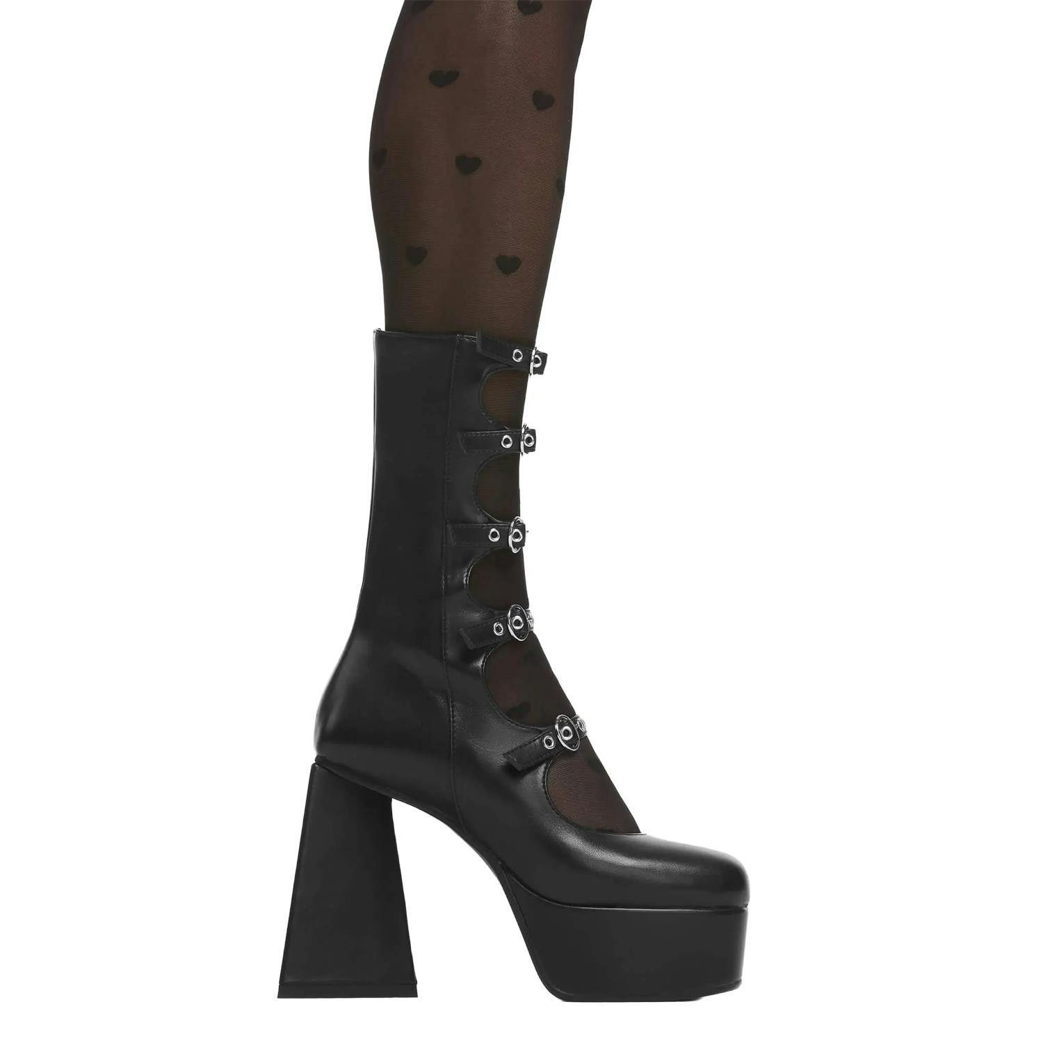 Lamoda Women's Black Padlock Pu Platform Calf Boots Stylish Streetwear Edgy Look - Uk5